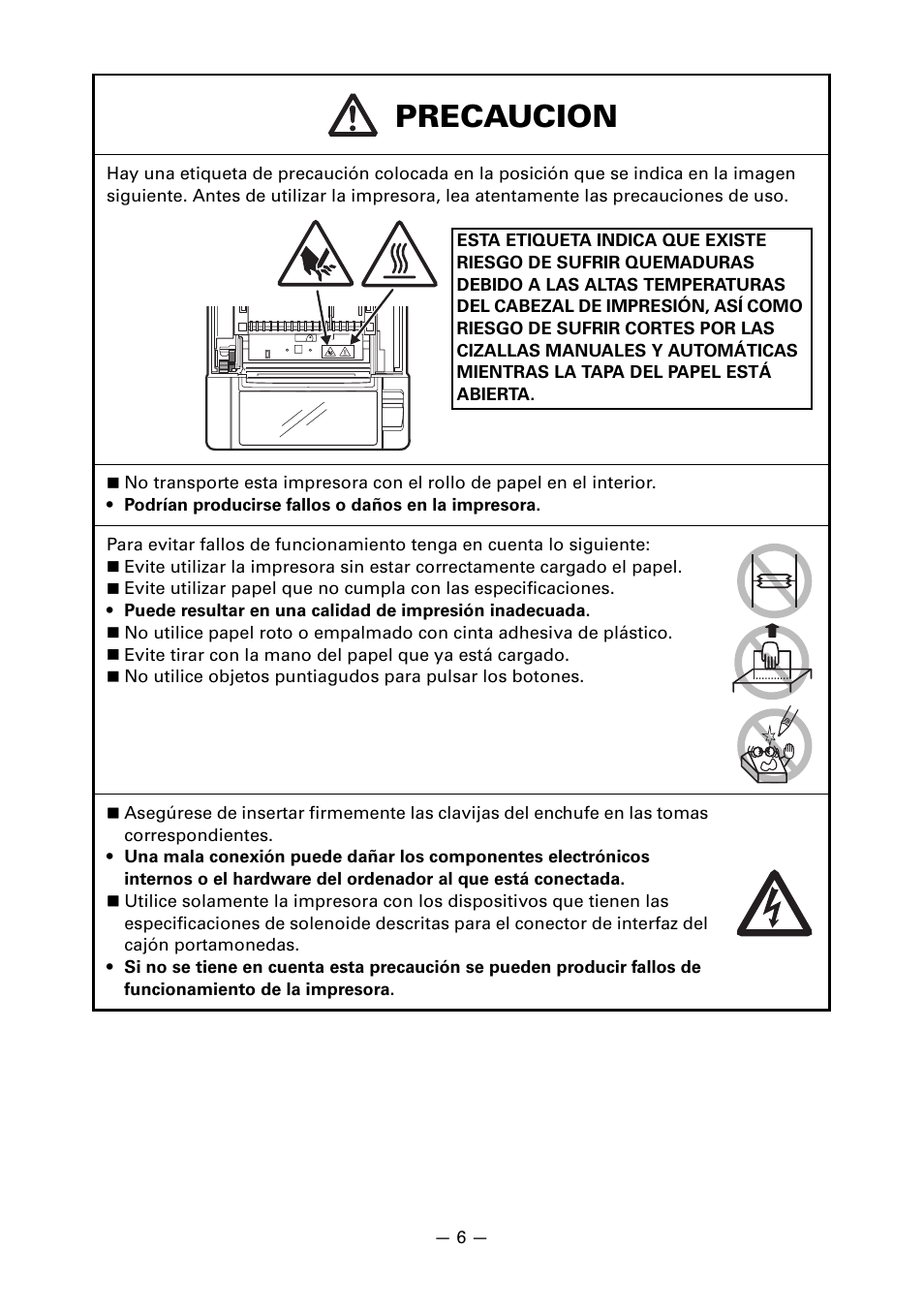 Precaucion | CITIZEN LINE THERMAL PRINTER CT-S601 User Manual | Page 182 / 220