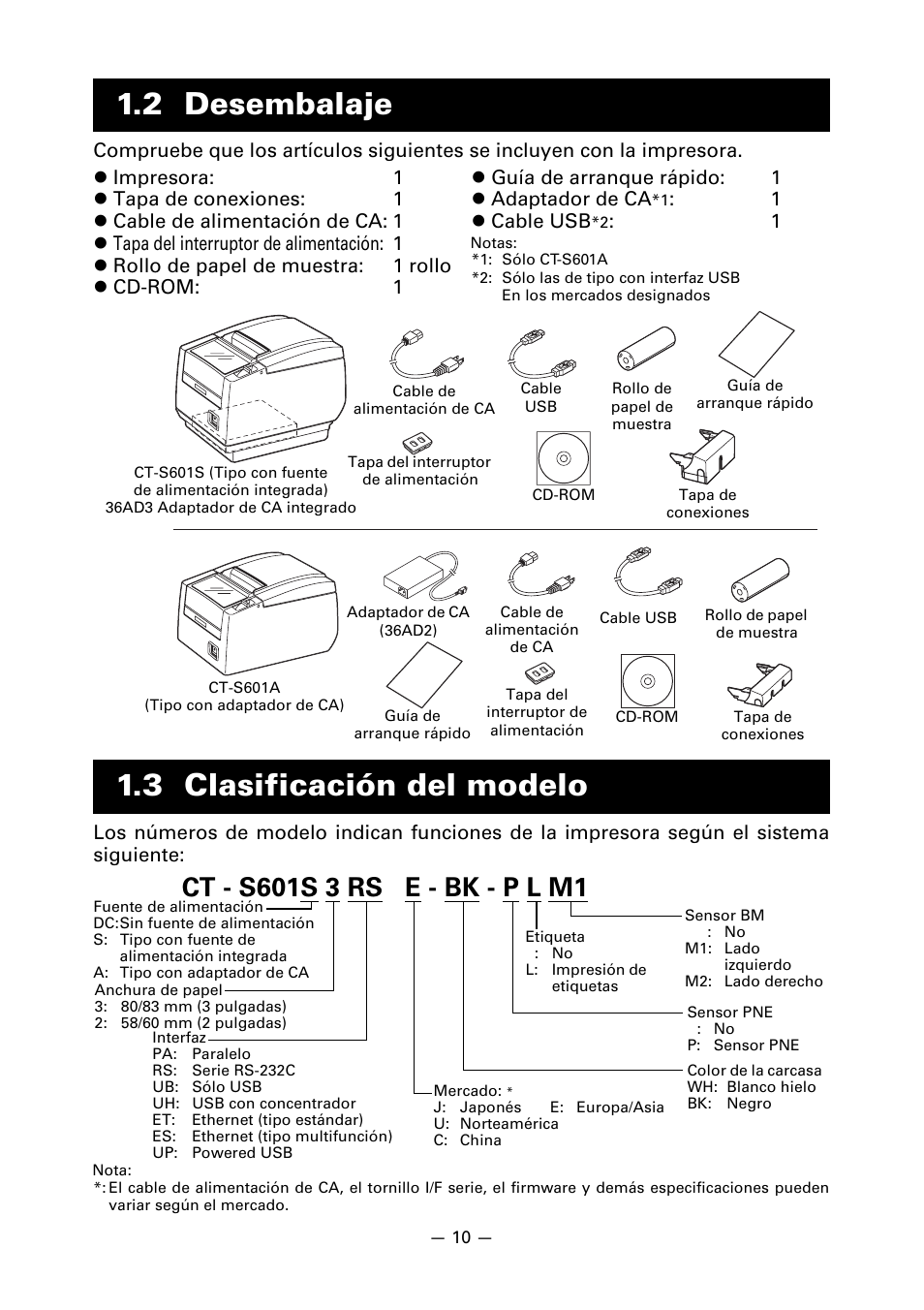 2 desembalaje, 3 clasificación del modelo, 2 desembalaje 1.3 clasificación del modelo | 1 z cable usb | CITIZEN LINE THERMAL PRINTER CT-S601 User Manual | Page 186 / 220