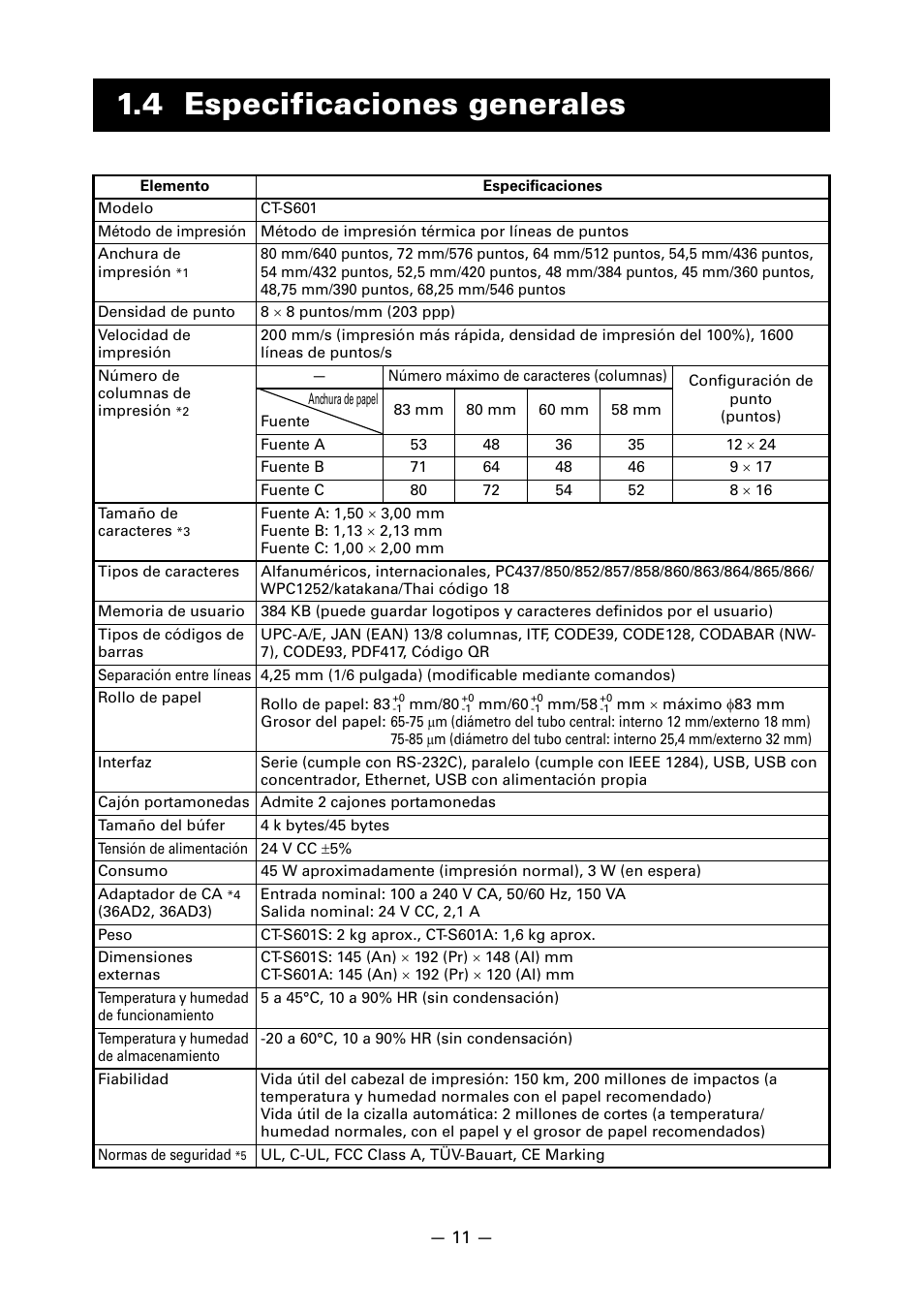 4 especificaciones generales | CITIZEN LINE THERMAL PRINTER CT-S601 User Manual | Page 187 / 220