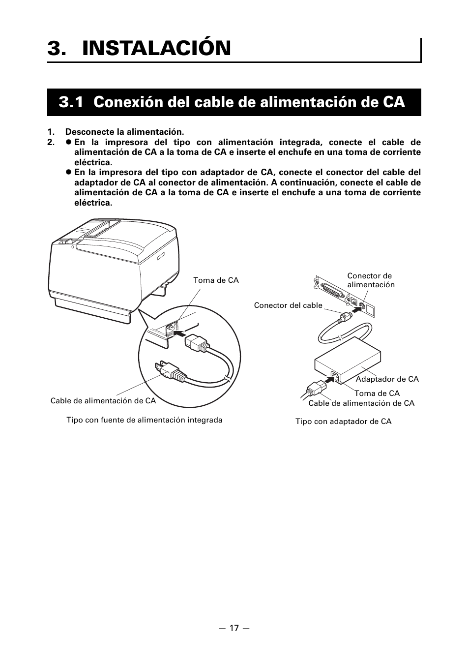 Instalación, 1 conexión del cable de alimentación de ca | CITIZEN LINE THERMAL PRINTER CT-S601 User Manual | Page 193 / 220
