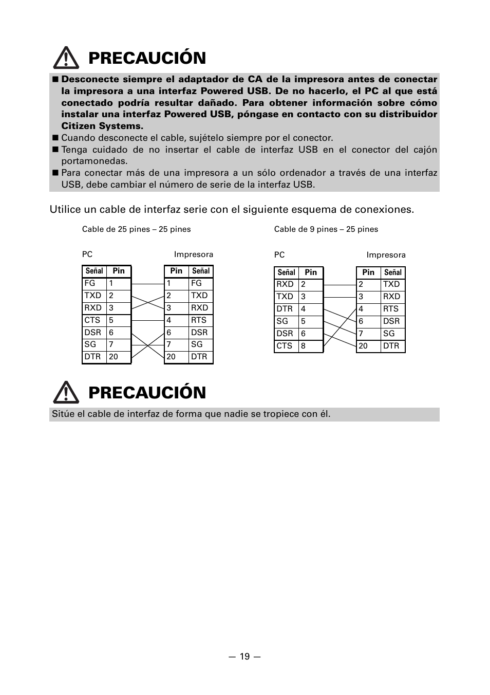 Precaución | CITIZEN LINE THERMAL PRINTER CT-S601 User Manual | Page 195 / 220