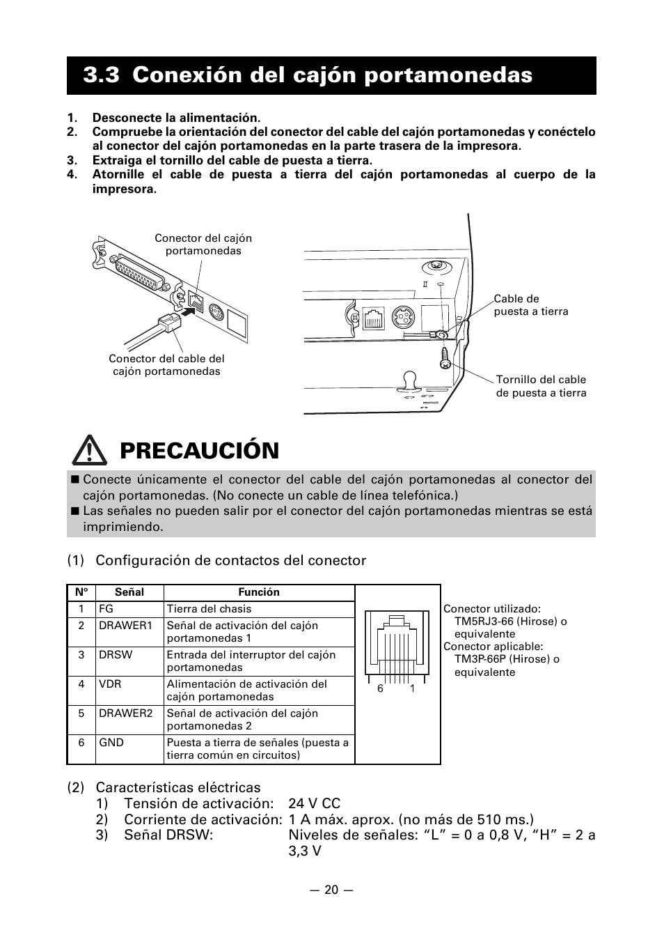 3 conexión del cajón portamonedas, 3 conexión del cajón portamonedas precaución | CITIZEN LINE THERMAL PRINTER CT-S601 User Manual | Page 196 / 220