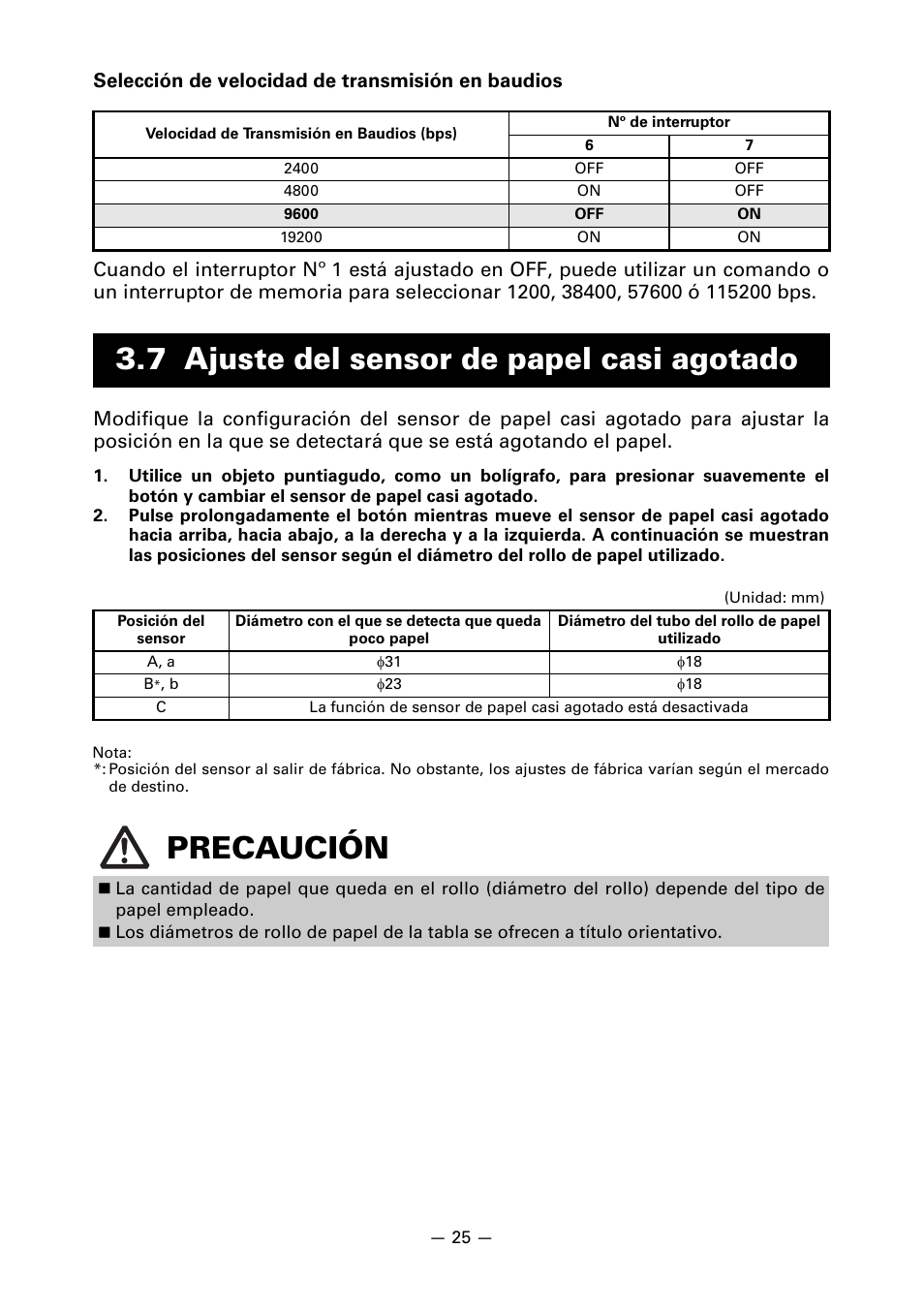 7 ajuste del sensor de papel casi agotado, Precaución | CITIZEN LINE THERMAL PRINTER CT-S601 User Manual | Page 201 / 220