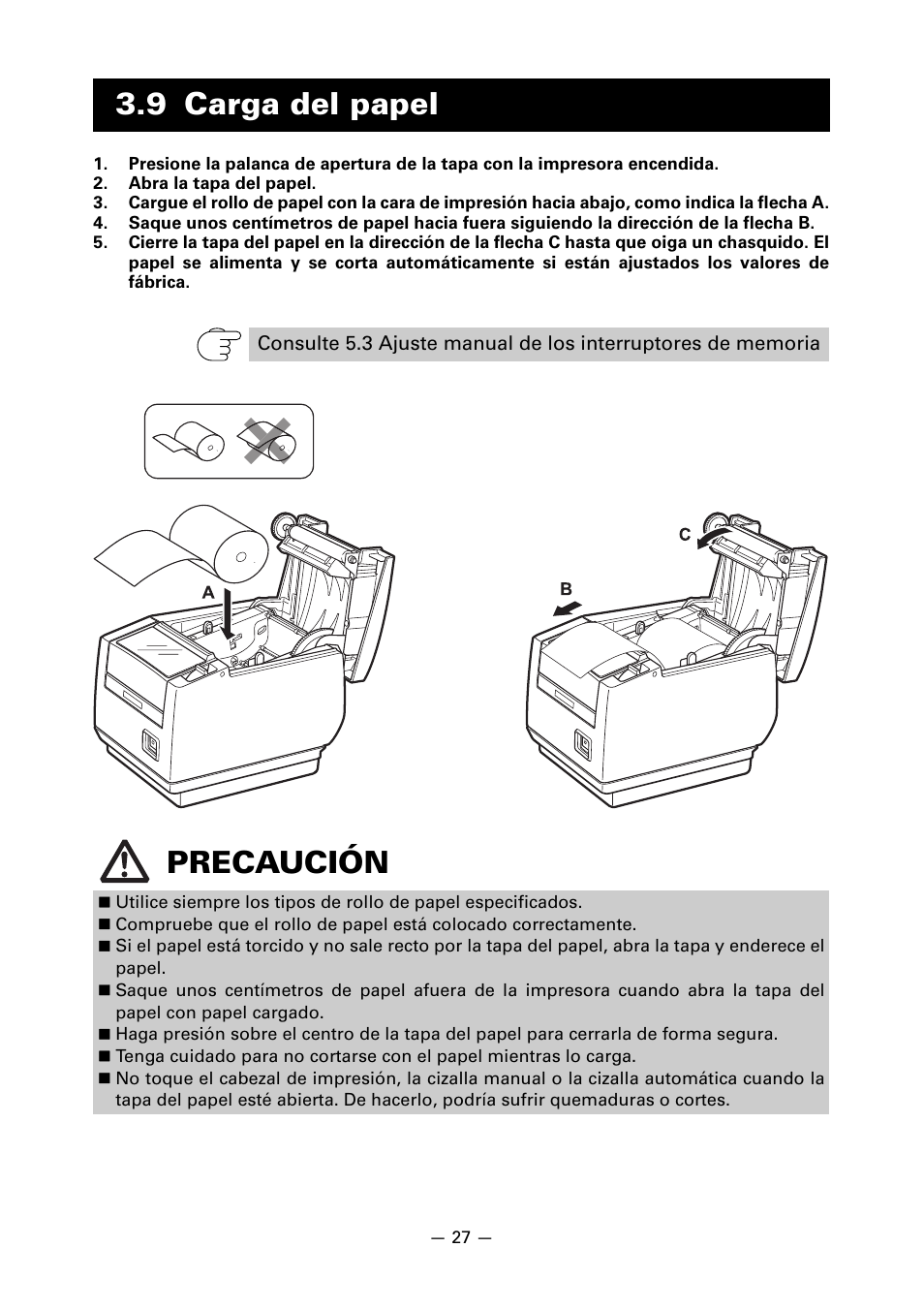 9 carga del papel, Precaución | CITIZEN LINE THERMAL PRINTER CT-S601 User Manual | Page 203 / 220