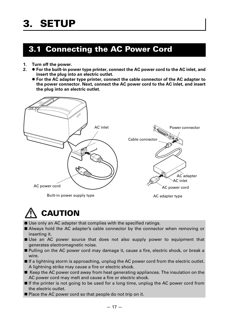 Setup, 1 connecting the ac power cord, 1 connecting the ac power cord caution | CITIZEN LINE THERMAL PRINTER CT-S601 User Manual | Page 21 / 220