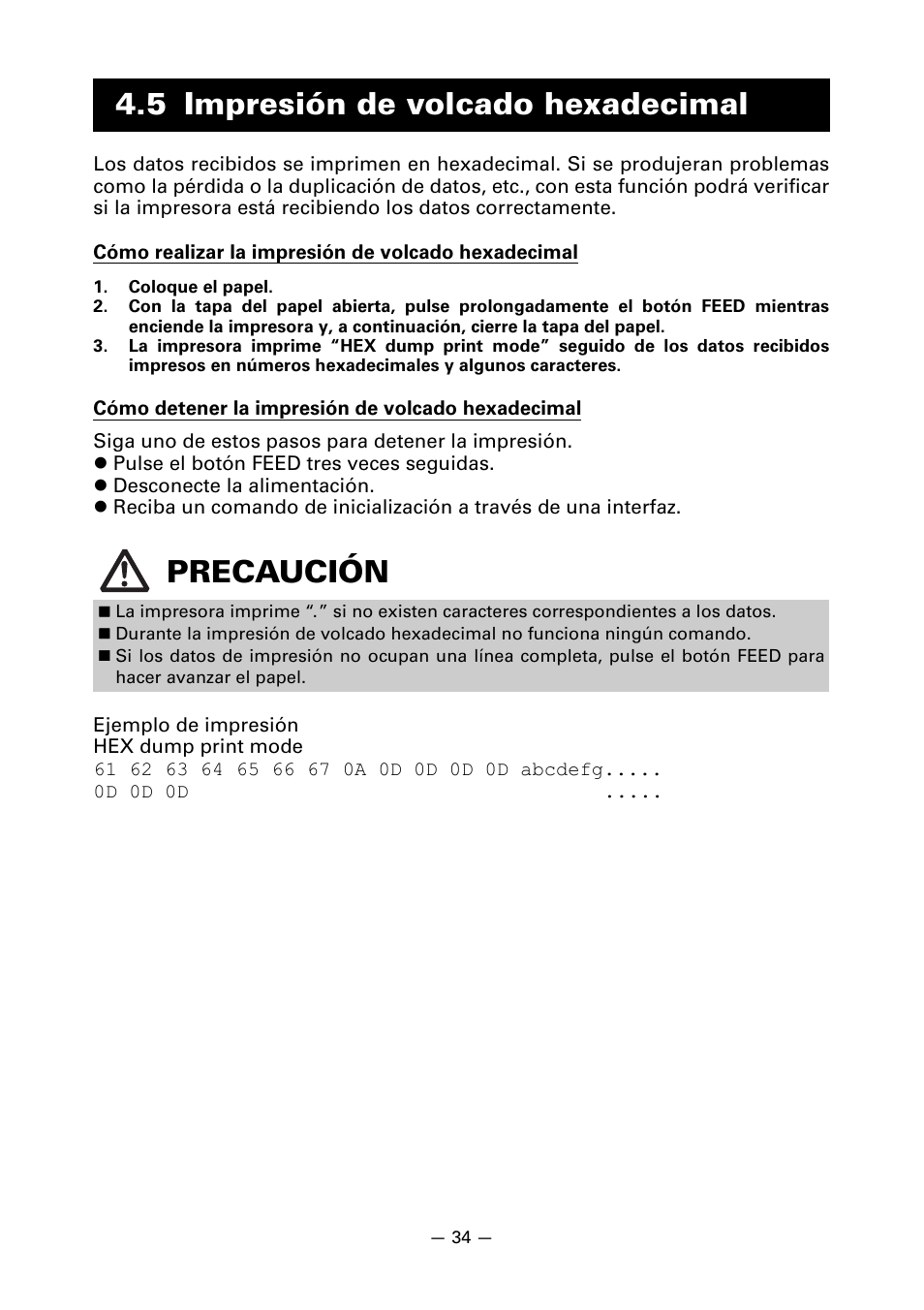 5 impresión de volcado hexadecimal, 5 impresión de volcado hexadecimal precaución | CITIZEN LINE THERMAL PRINTER CT-S601 User Manual | Page 210 / 220