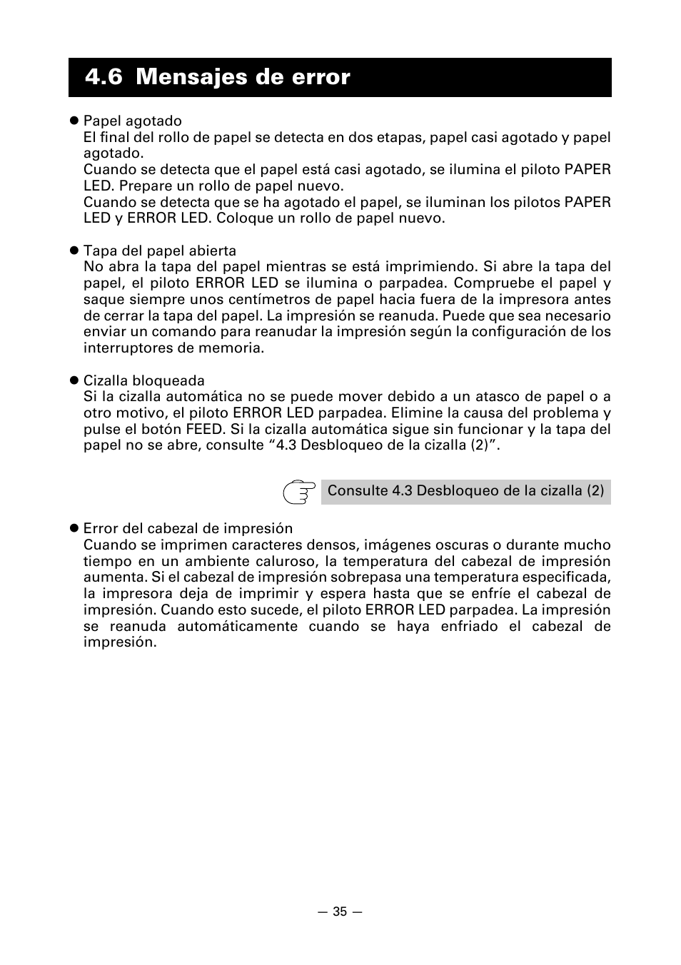 6 mensajes de error | CITIZEN LINE THERMAL PRINTER CT-S601 User Manual | Page 211 / 220