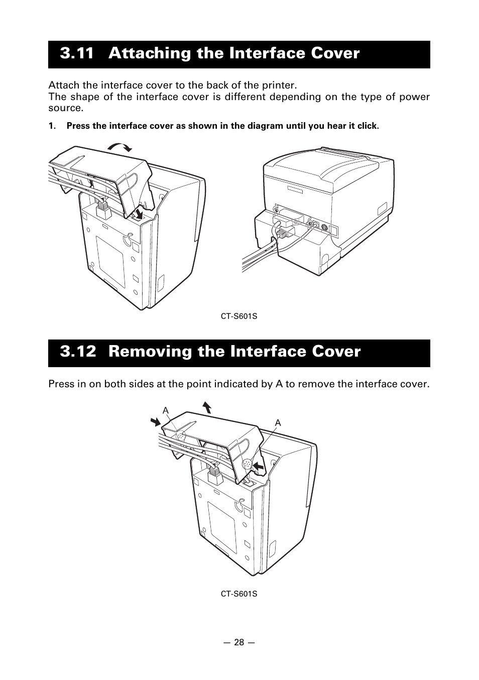 11 attaching the interface cover, 12 removing the interface cover | CITIZEN LINE THERMAL PRINTER CT-S601 User Manual | Page 32 / 220