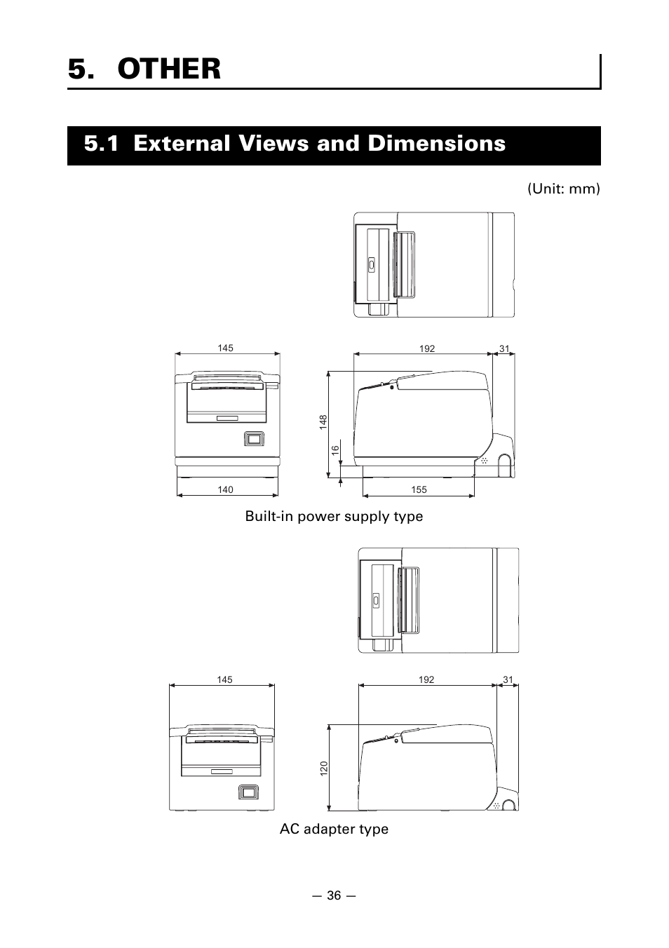 Other, 1 external views and dimensions | CITIZEN LINE THERMAL PRINTER CT-S601 User Manual | Page 40 / 220