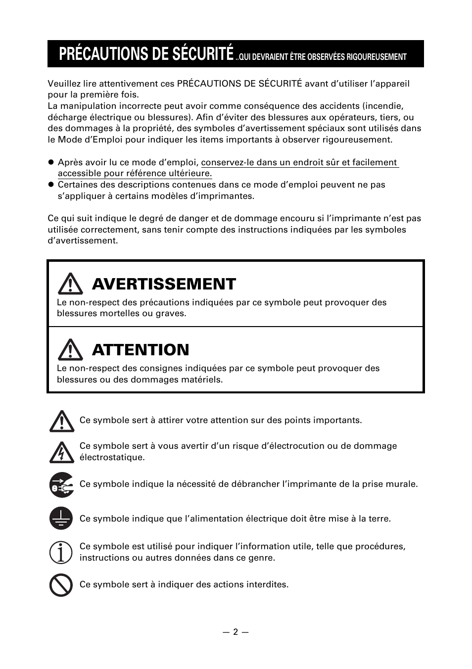 Précautions de sécurité, Avertissement, Attention | CITIZEN LINE THERMAL PRINTER CT-S601 User Manual | Page 49 / 220