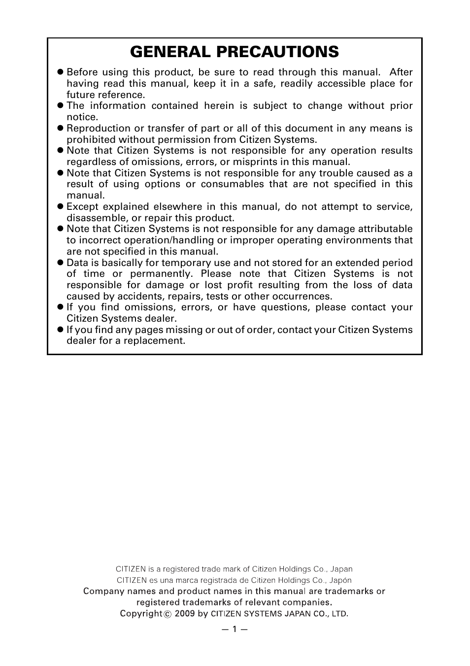 General precautions | CITIZEN LINE THERMAL PRINTER CT-S601 User Manual | Page 5 / 220