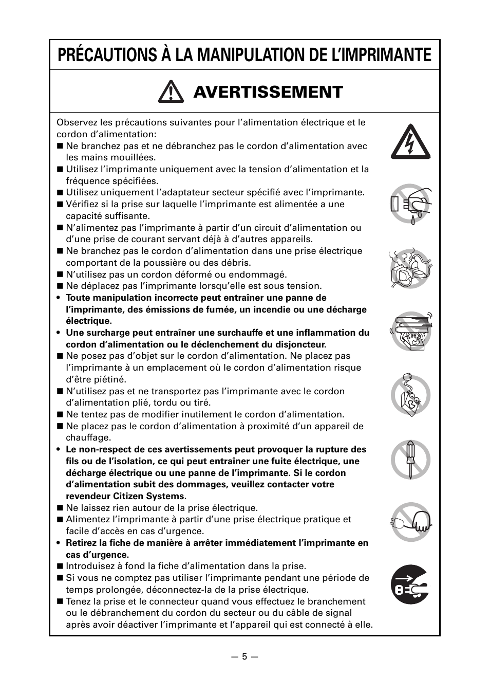 Précautions à la manipulation de l’imprimante, Avertissement | CITIZEN LINE THERMAL PRINTER CT-S601 User Manual | Page 52 / 220