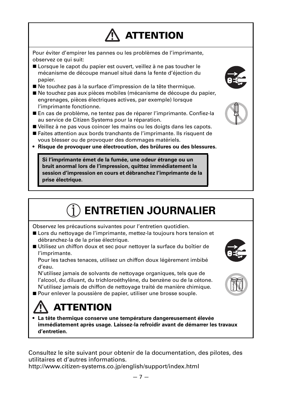 Entretien journalier, Attention | CITIZEN LINE THERMAL PRINTER CT-S601 User Manual | Page 54 / 220
