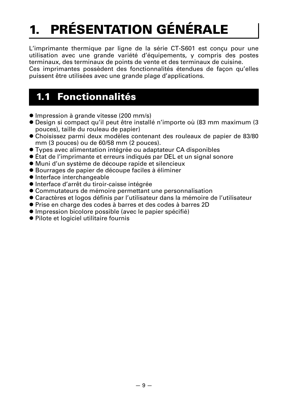 Présentation générale, 1 fonctionnalités | CITIZEN LINE THERMAL PRINTER CT-S601 User Manual | Page 56 / 220