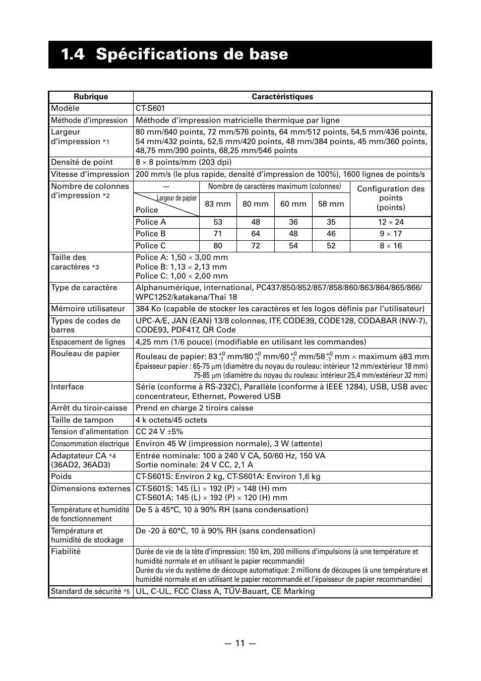 4 spécifications de base | CITIZEN LINE THERMAL PRINTER CT-S601 User Manual | Page 58 / 220