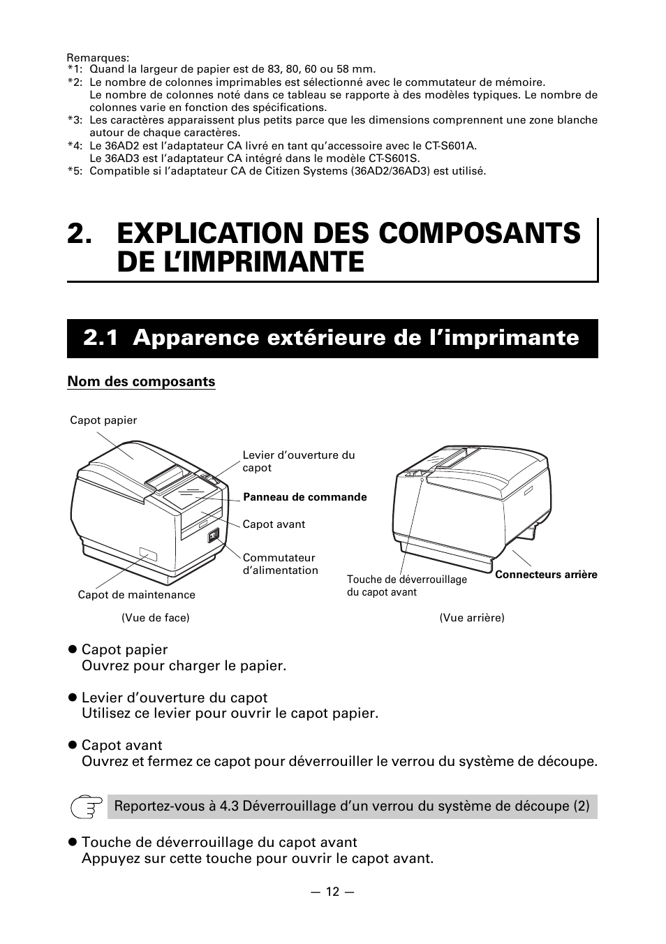 Explication des composants de l’imprimante, 1 apparence extérieure de l’imprimante | CITIZEN LINE THERMAL PRINTER CT-S601 User Manual | Page 59 / 220