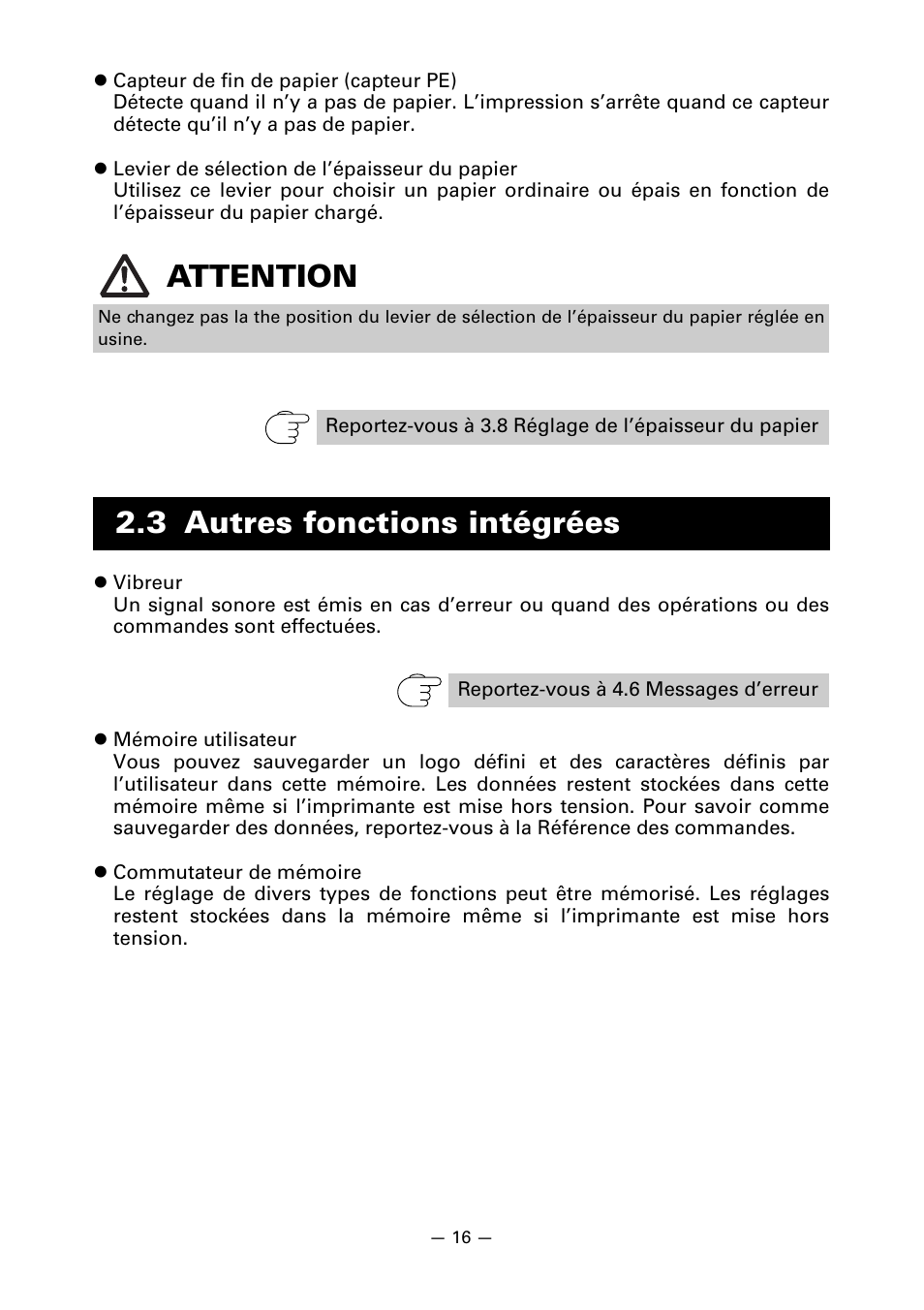 3 autres fonctions intégrées, Attention | CITIZEN LINE THERMAL PRINTER CT-S601 User Manual | Page 63 / 220