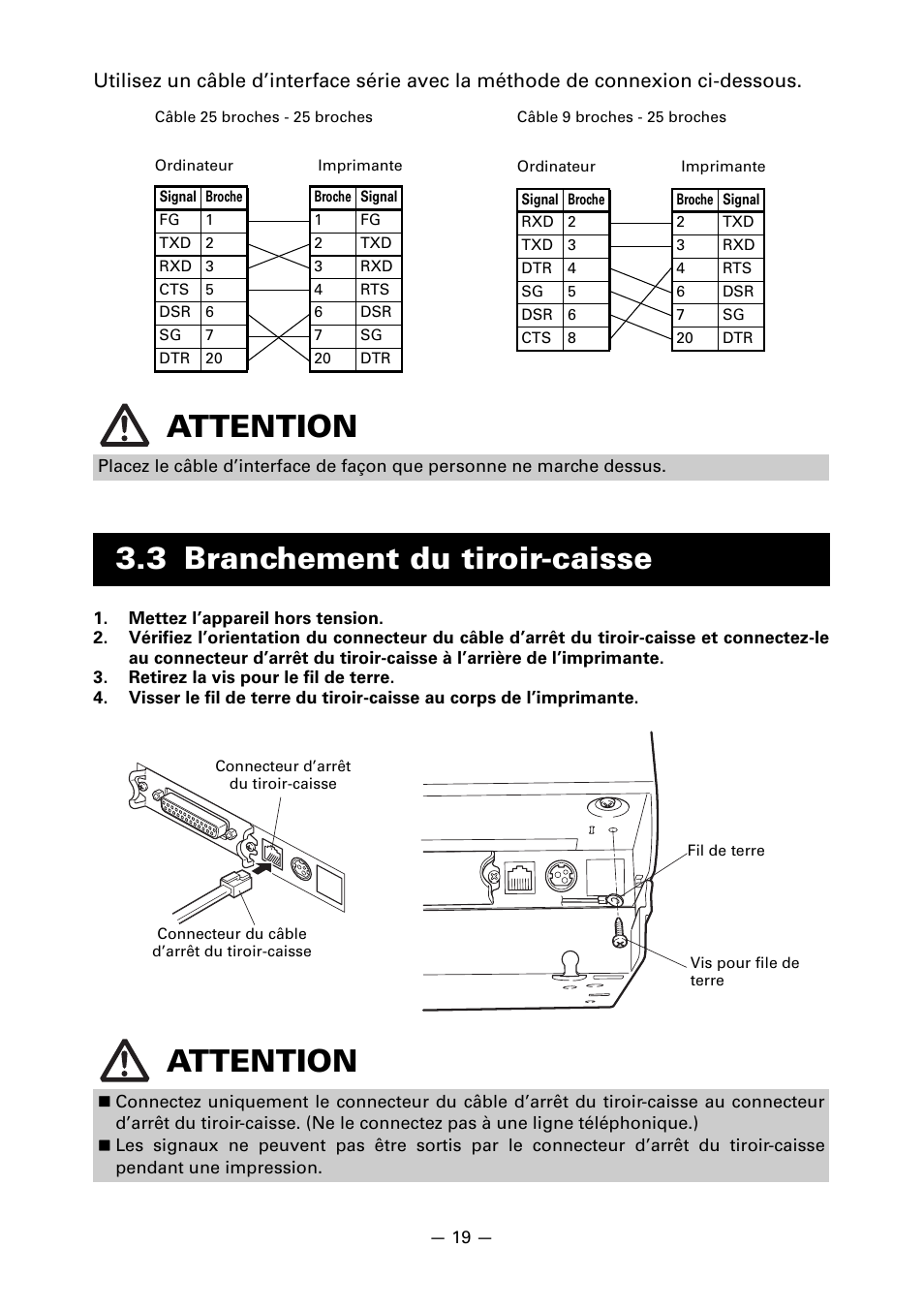 3 branchement du tiroir-caisse, Attention, 3 branchement du tiroir-caisse attention | CITIZEN LINE THERMAL PRINTER CT-S601 User Manual | Page 66 / 220