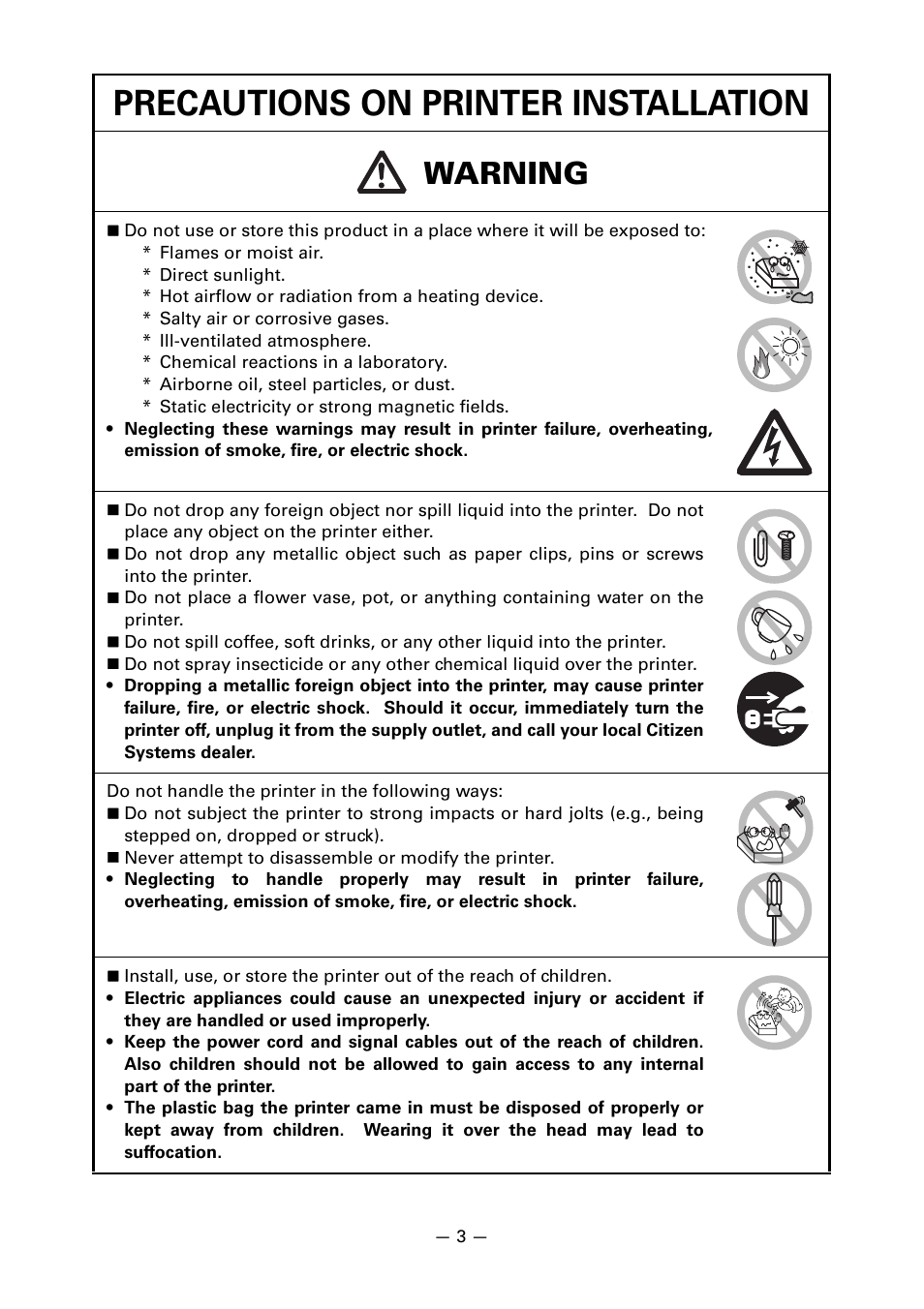 Precautions on printer installation, Warning | CITIZEN LINE THERMAL PRINTER CT-S601 User Manual | Page 7 / 220