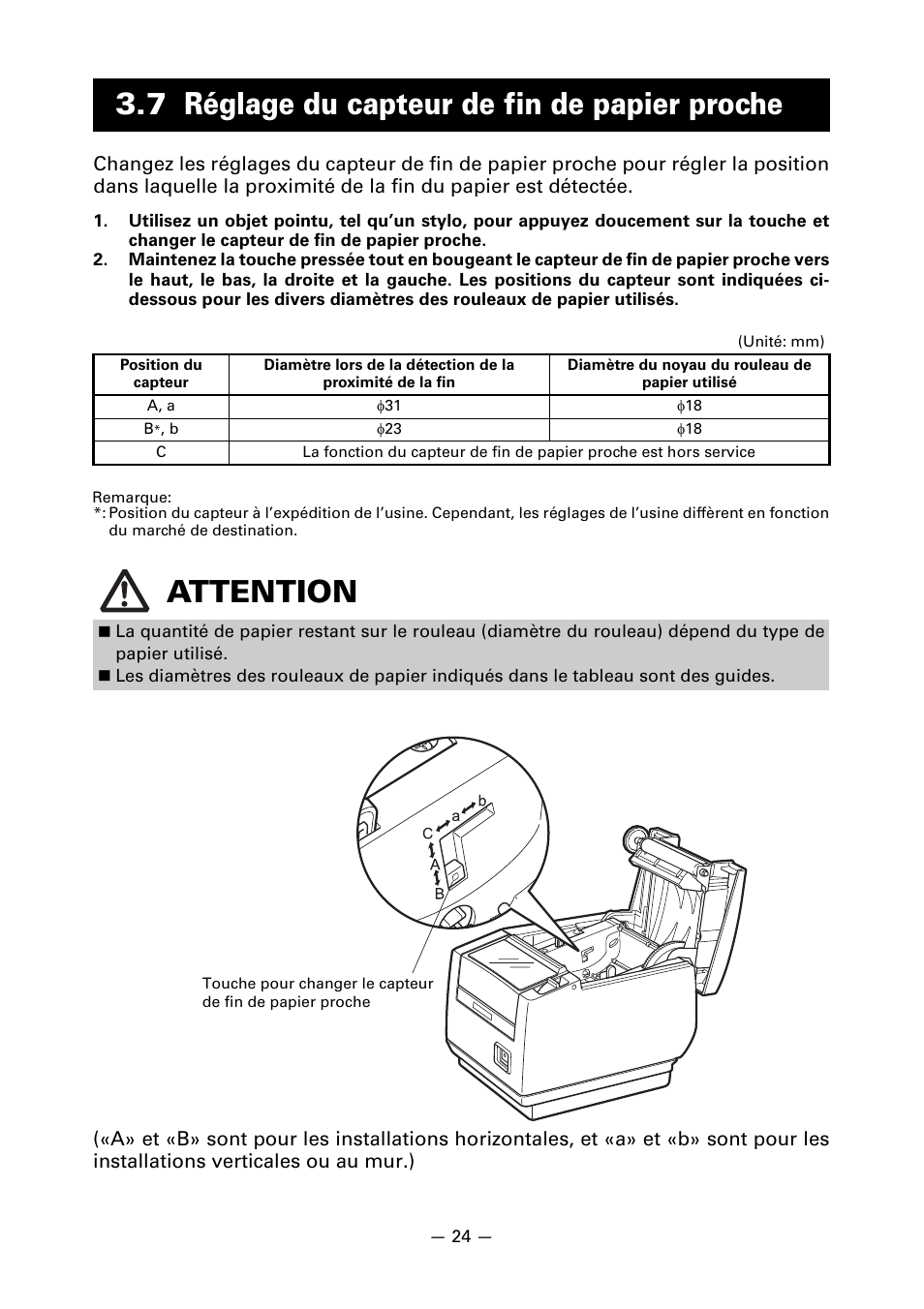 7 réglage du capteur de fin de papier proche, Attention | CITIZEN LINE THERMAL PRINTER CT-S601 User Manual | Page 71 / 220