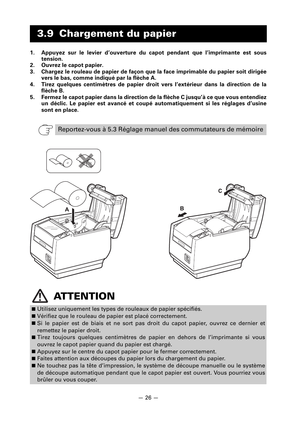 9 chargement du papier, Attention | CITIZEN LINE THERMAL PRINTER CT-S601 User Manual | Page 73 / 220
