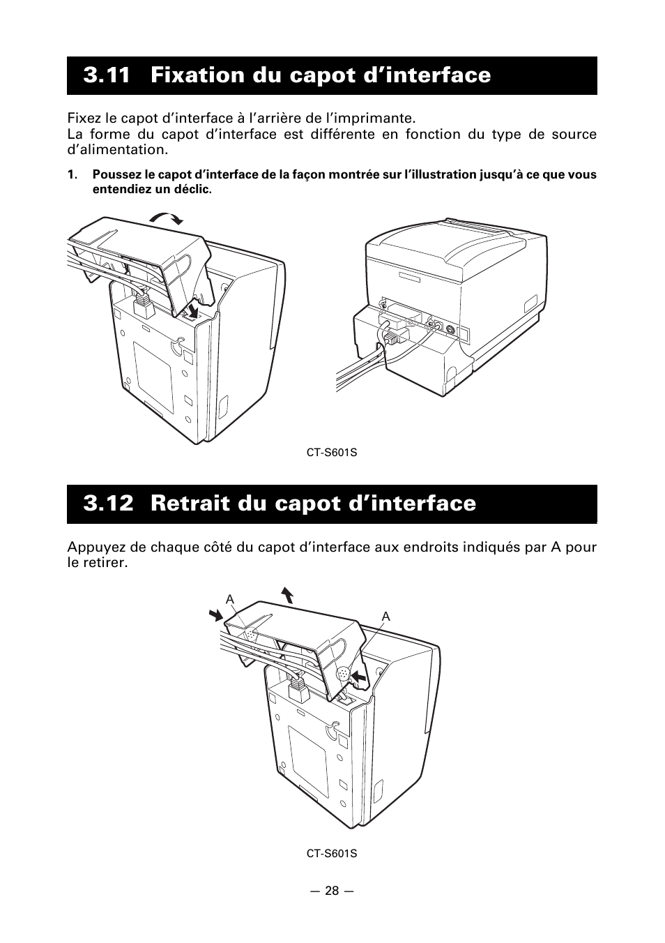 11 fixation du capot d’interface, 12 retrait du capot d’interface | CITIZEN LINE THERMAL PRINTER CT-S601 User Manual | Page 75 / 220