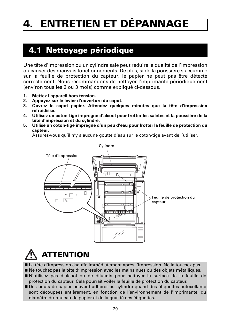 Entretien et dépannage, 1 nettoyage périodique, 1 nettoyage périodique attention | CITIZEN LINE THERMAL PRINTER CT-S601 User Manual | Page 76 / 220