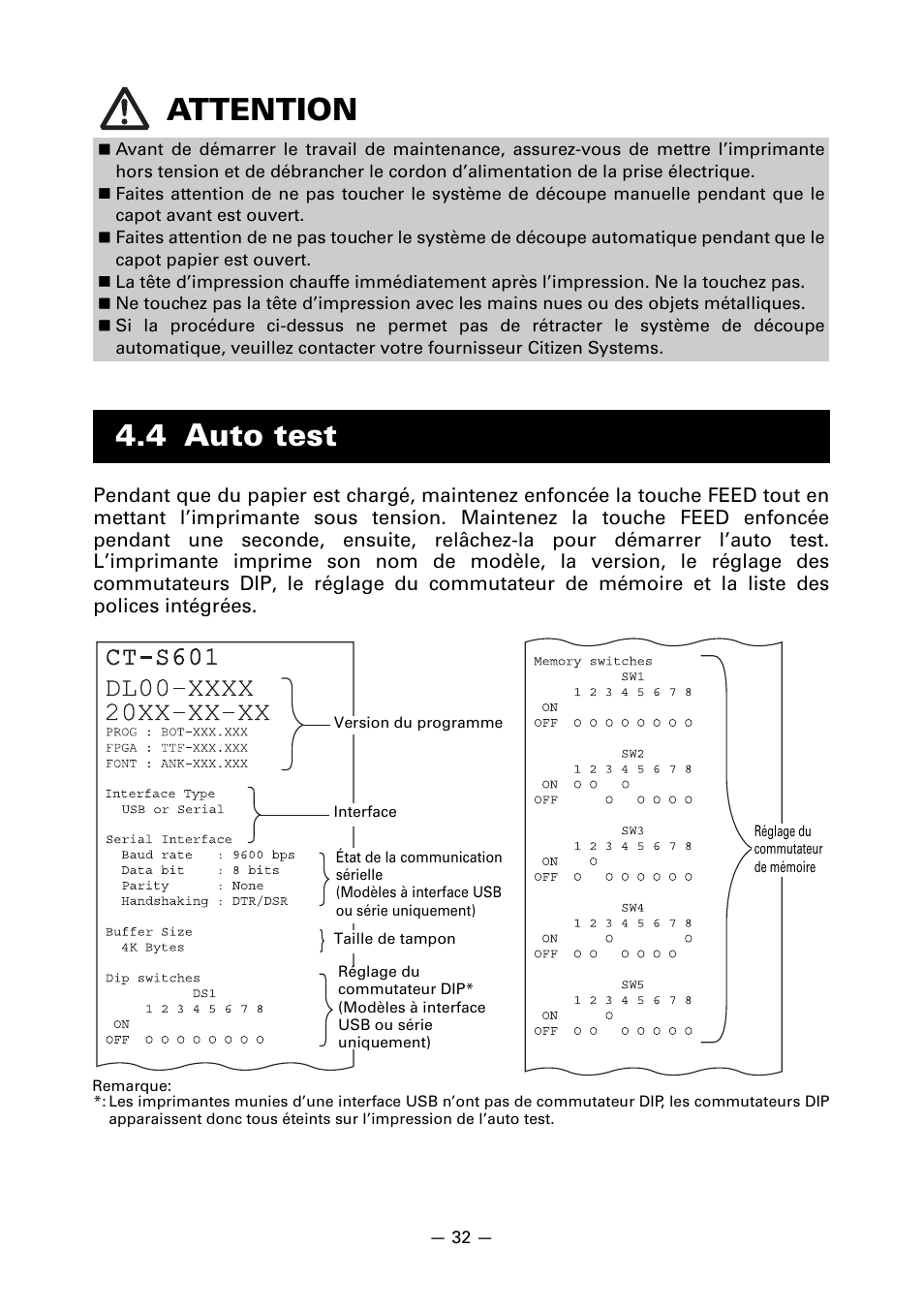 4 auto test, Attention | CITIZEN LINE THERMAL PRINTER CT-S601 User Manual | Page 79 / 220