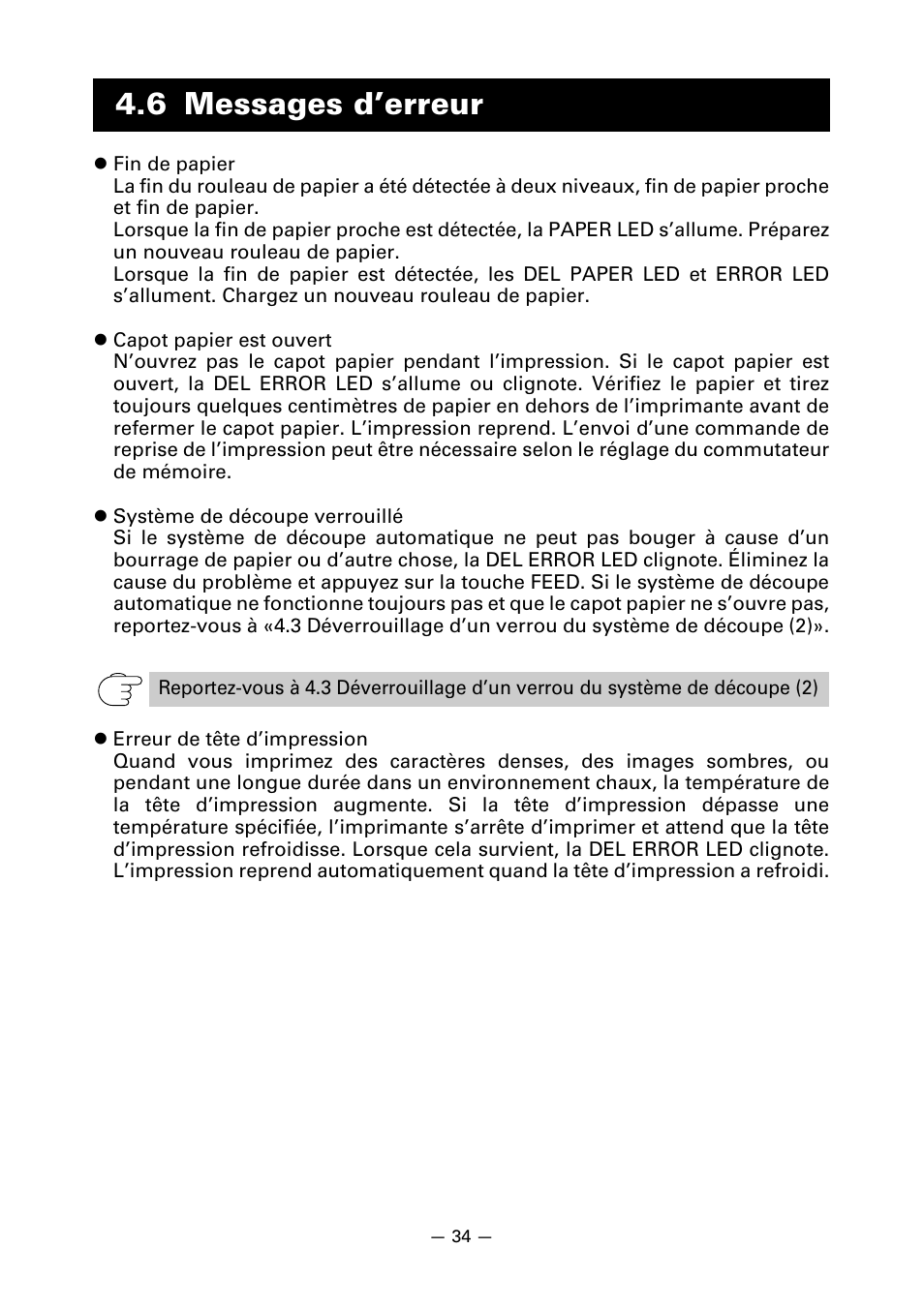 6 messages d’erreur | CITIZEN LINE THERMAL PRINTER CT-S601 User Manual | Page 81 / 220