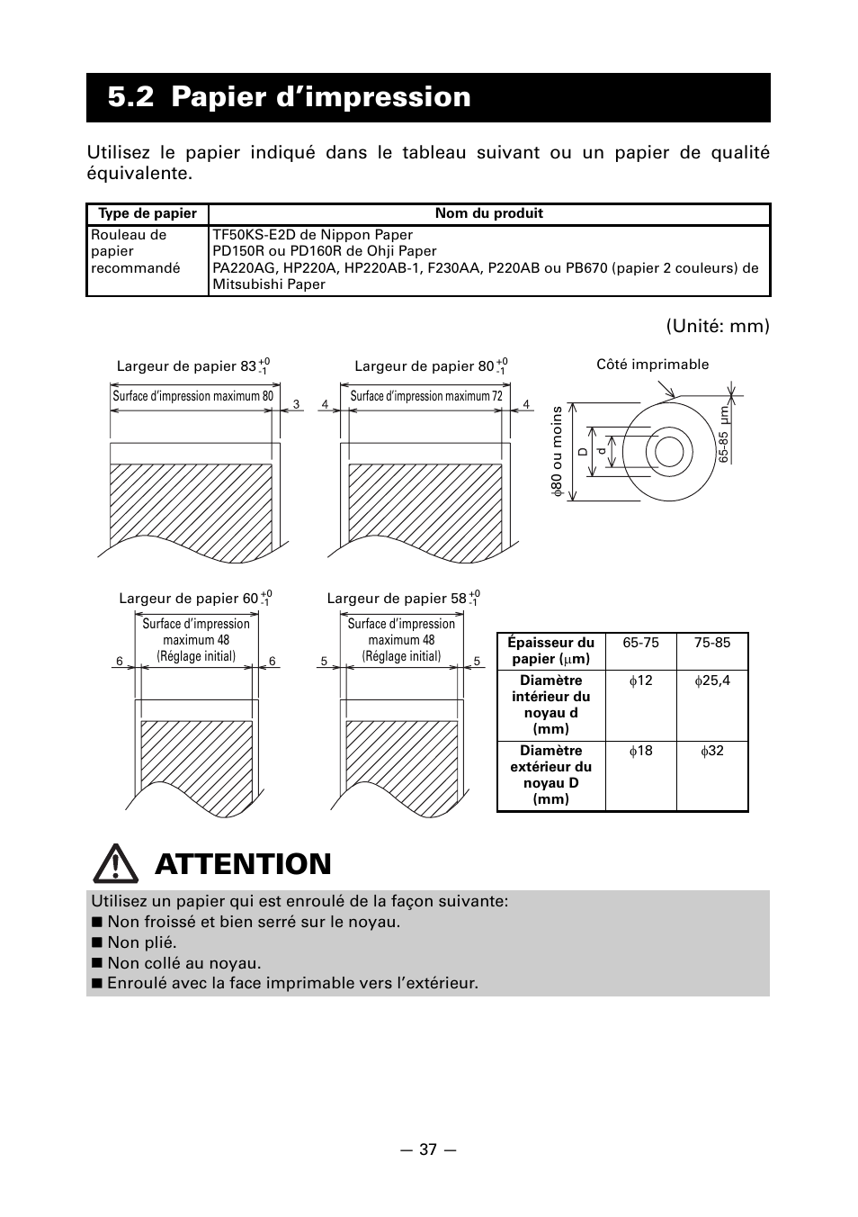 2 papier d’impression, Attention | CITIZEN LINE THERMAL PRINTER CT-S601 User Manual | Page 84 / 220