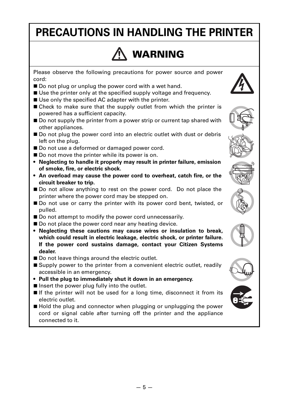 Precautions in handling the printer, Warning | CITIZEN LINE THERMAL PRINTER CT-S601 User Manual | Page 9 / 220