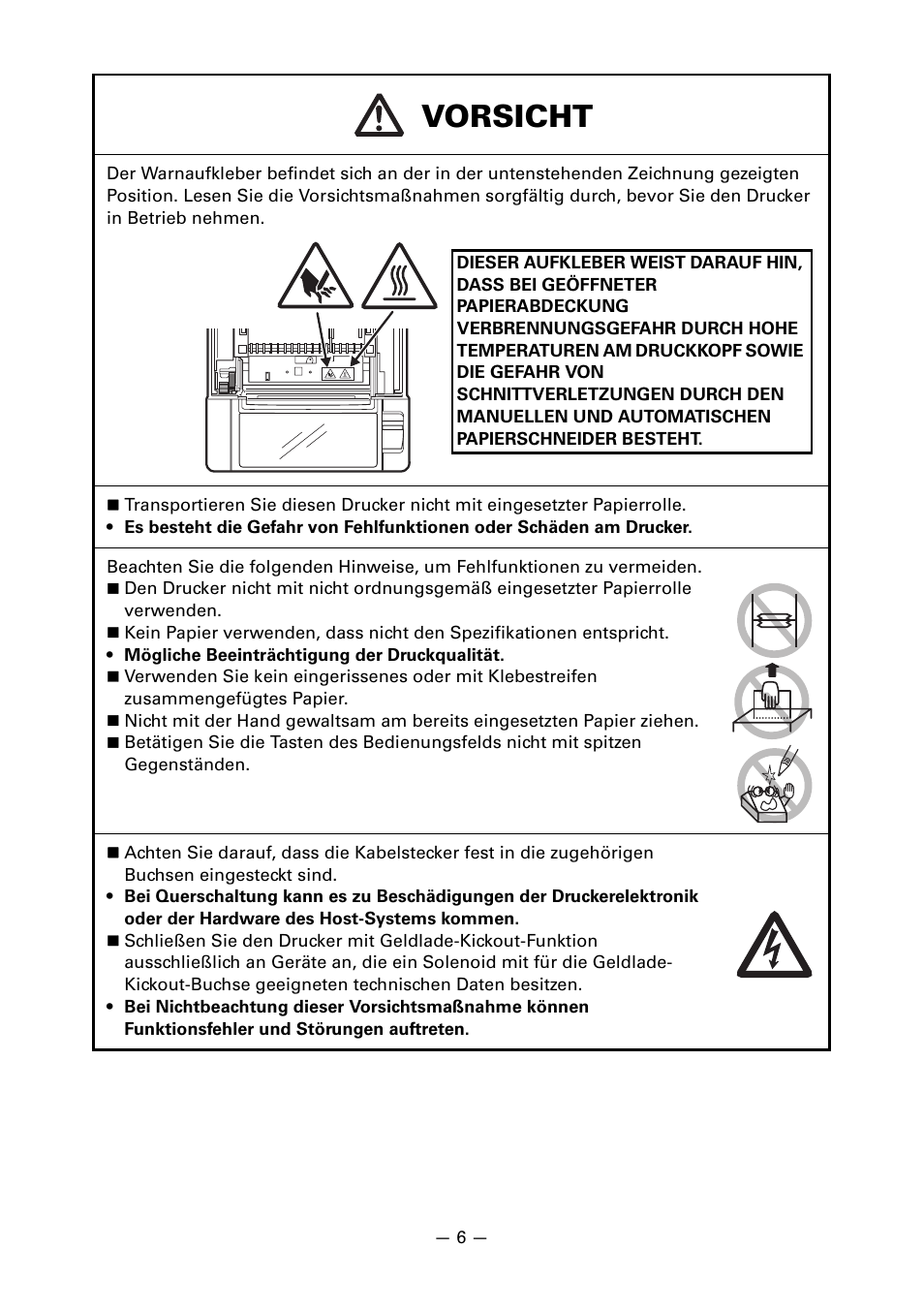 Vorsicht | CITIZEN LINE THERMAL PRINTER CT-S601 User Manual | Page 96 / 220