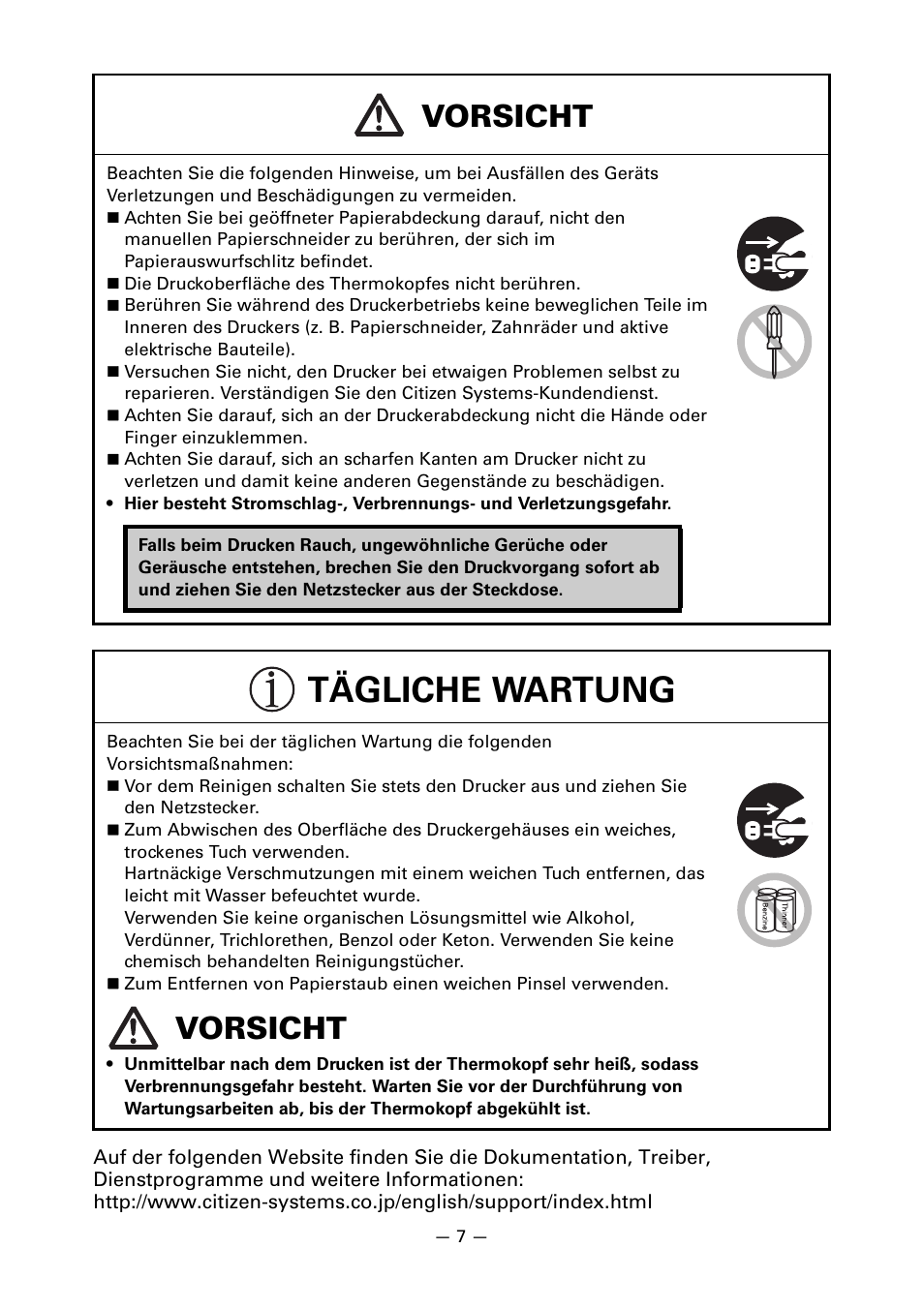 Tägliche wartung, Vorsicht | CITIZEN LINE THERMAL PRINTER CT-S601 User Manual | Page 97 / 220