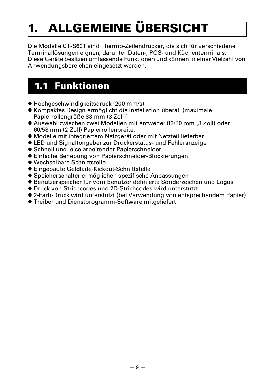 Allgemeine übersicht, 1 funktionen | CITIZEN LINE THERMAL PRINTER CT-S601 User Manual | Page 99 / 220