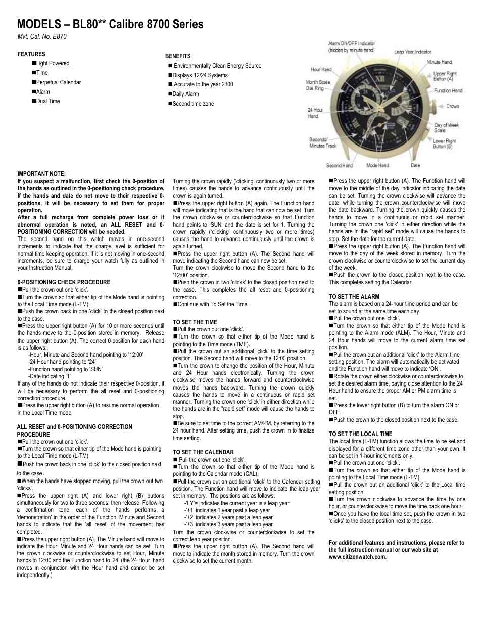 Models – bl80** calibre 8700 series, Mvt. cal. no. e870, All reset and 0-positioning correction procedure | Continue with to set the time, To set the time | CITIZEN CALIBRE 8700 User Manual | Page 3 / 8