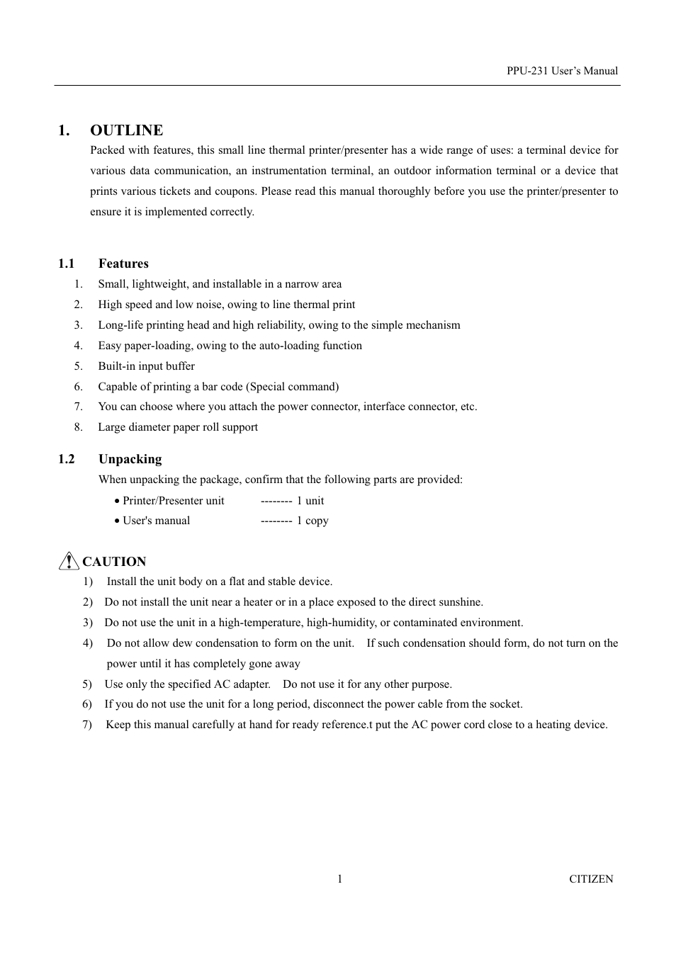 Outline, 1 features, 2 unpacking | CITIZEN PPU-231 User Manual | Page 14 / 100