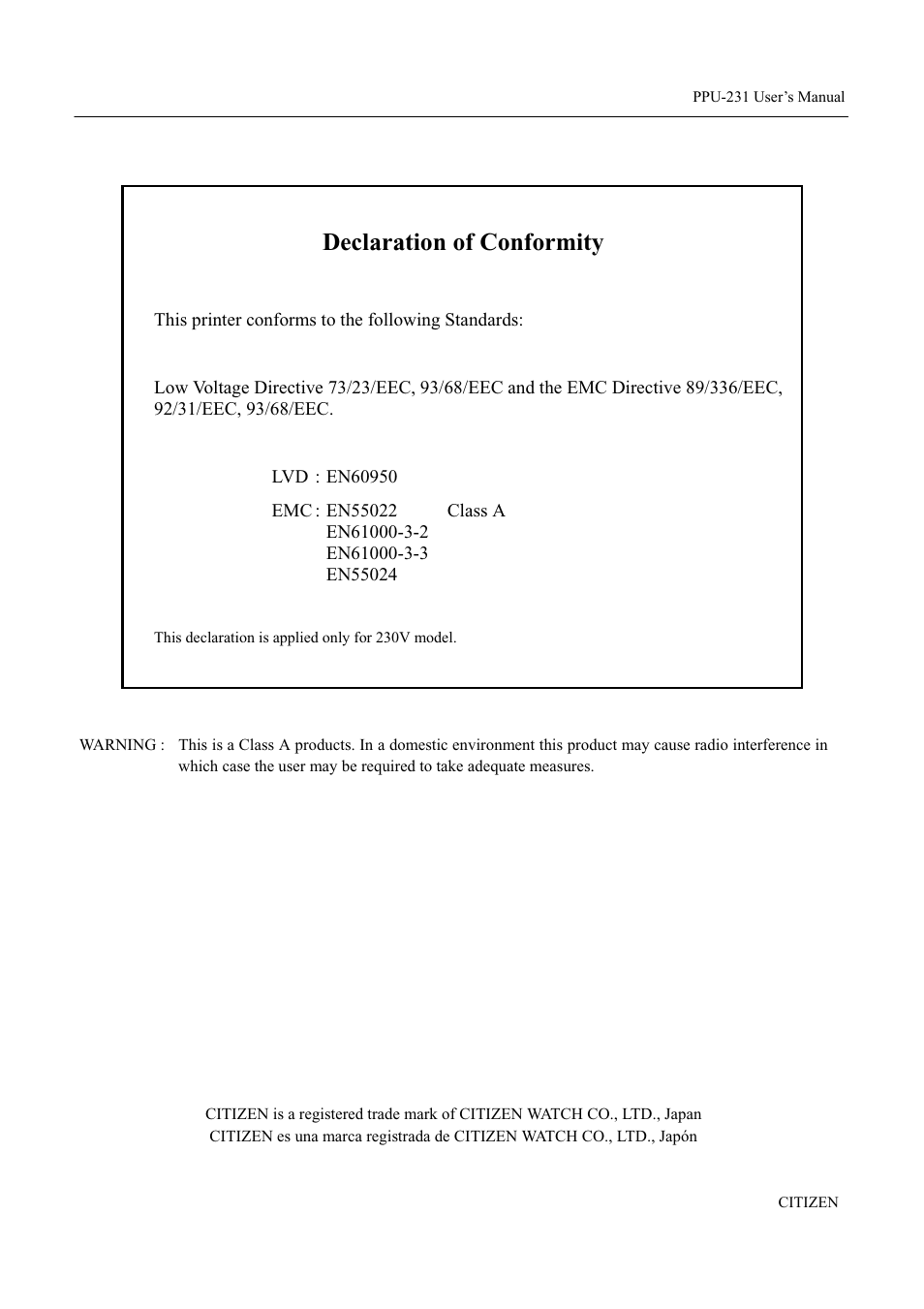 Declaration of conformity | CITIZEN PPU-231 User Manual | Page 2 / 100