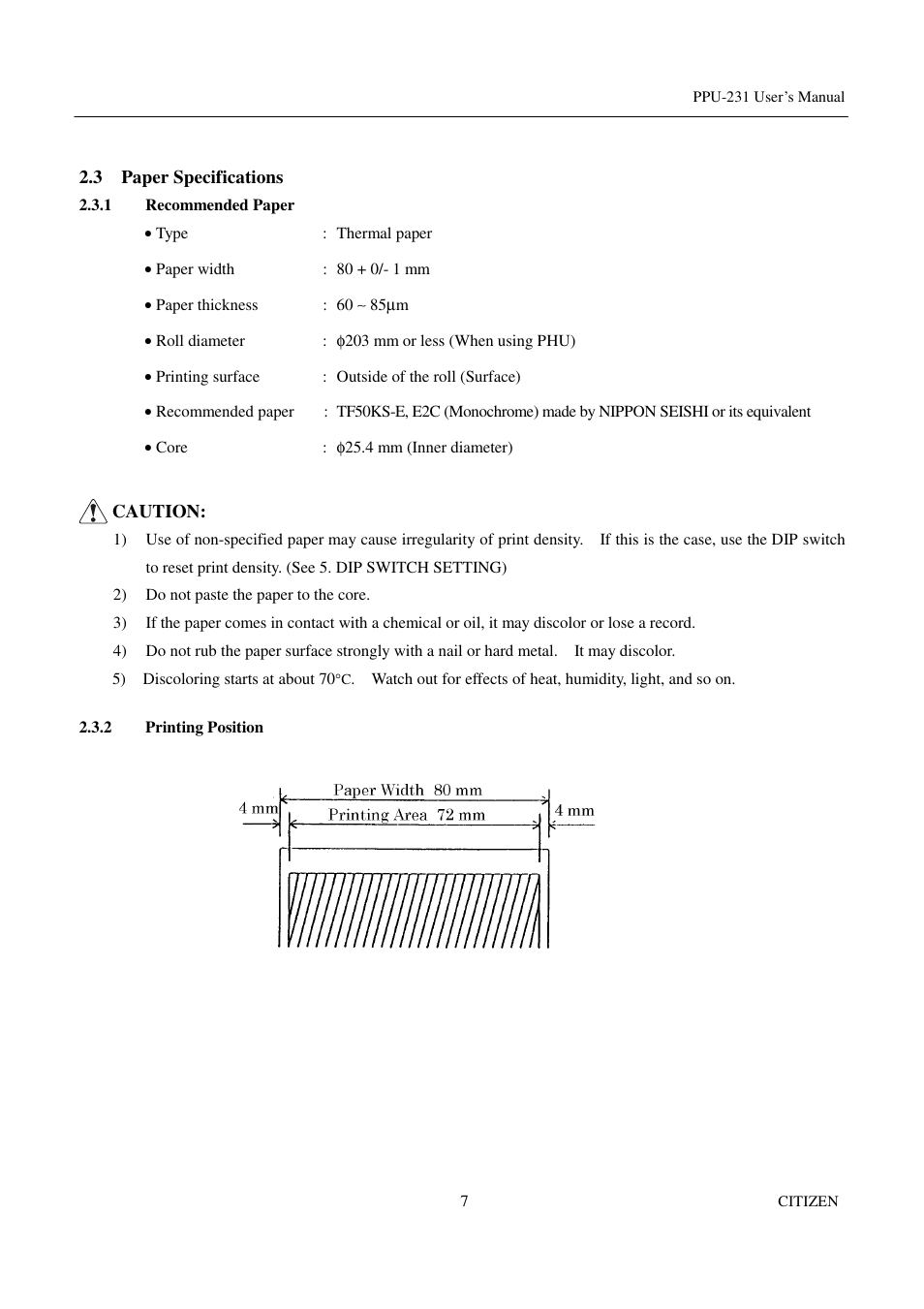 3 paper specifications, 1 recommended paper, 2 printing position | CITIZEN PPU-231 User Manual | Page 20 / 100