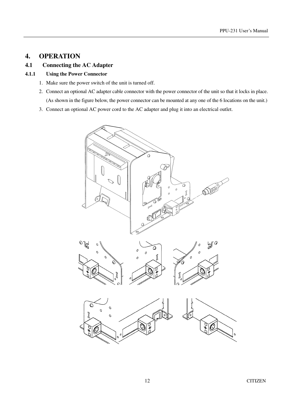 Operation, 1 connecting the ac adapter, 1 using the power connector | CITIZEN PPU-231 User Manual | Page 25 / 100