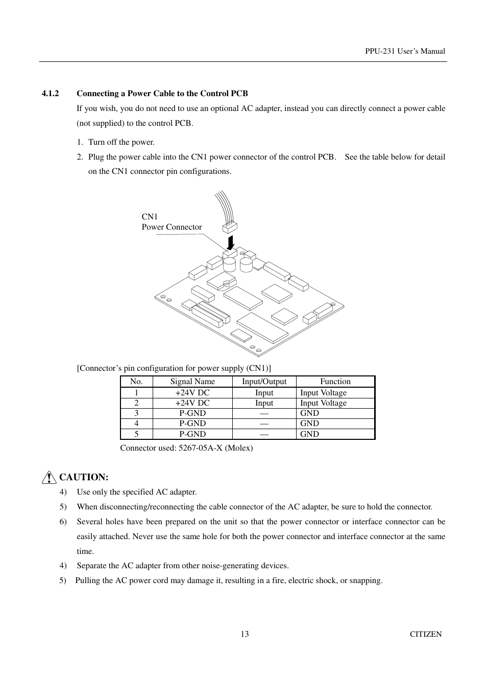 2 connecting a power cable to the control pcb | CITIZEN PPU-231 User Manual | Page 26 / 100