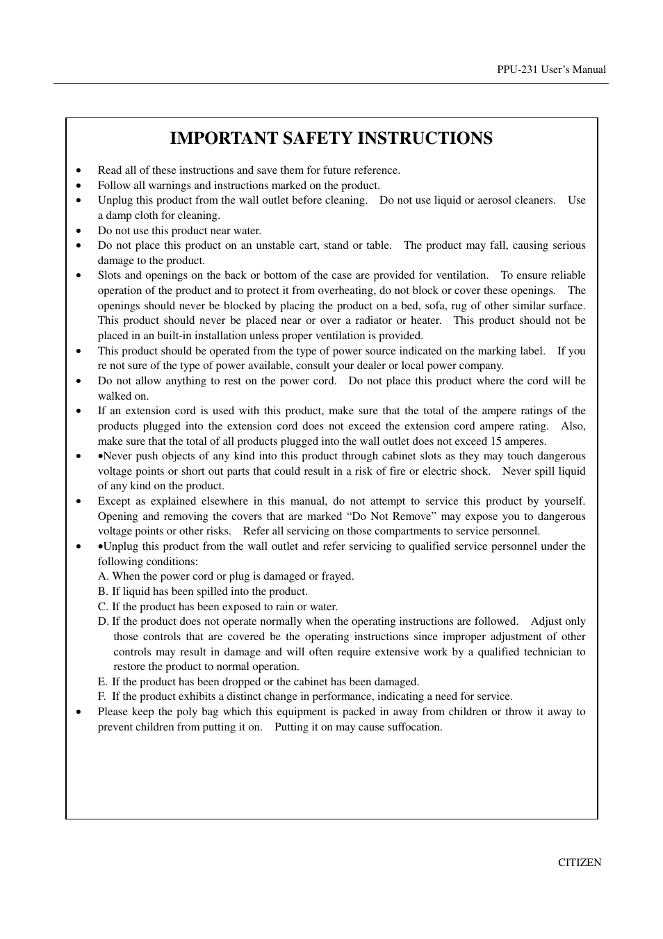 Important safety instructions | CITIZEN PPU-231 User Manual | Page 3 / 100