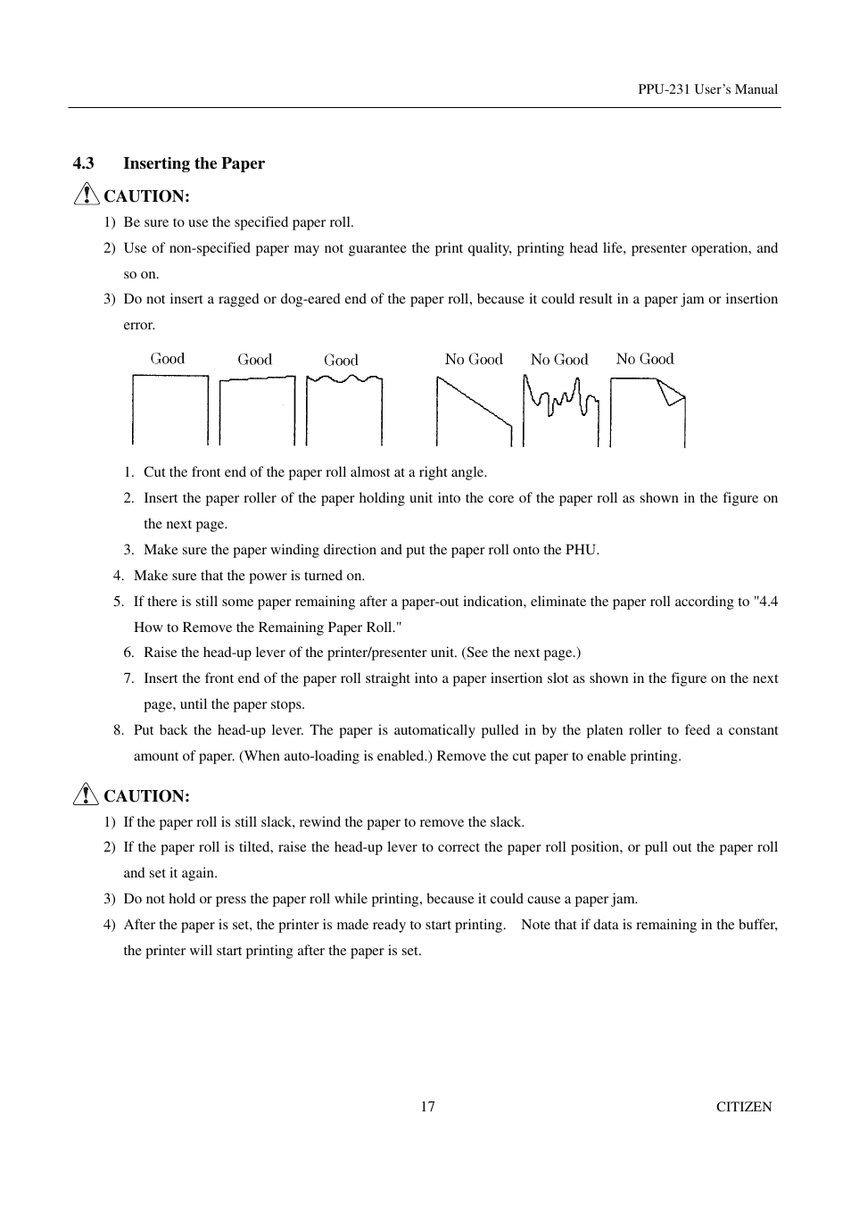 3 inserting the paper | CITIZEN PPU-231 User Manual | Page 30 / 100