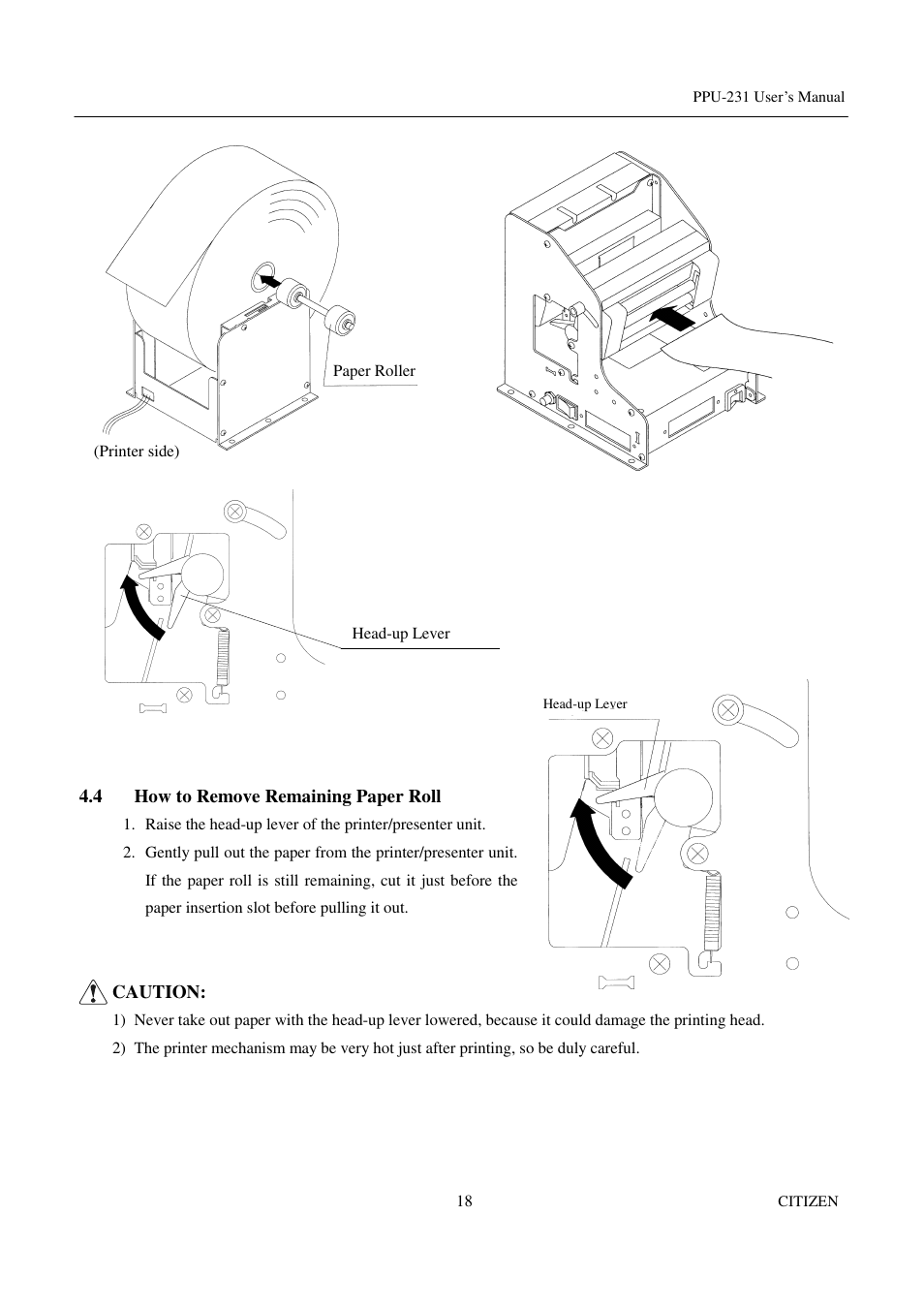 4 how to remove remaining paper roll | CITIZEN PPU-231 User Manual | Page 31 / 100