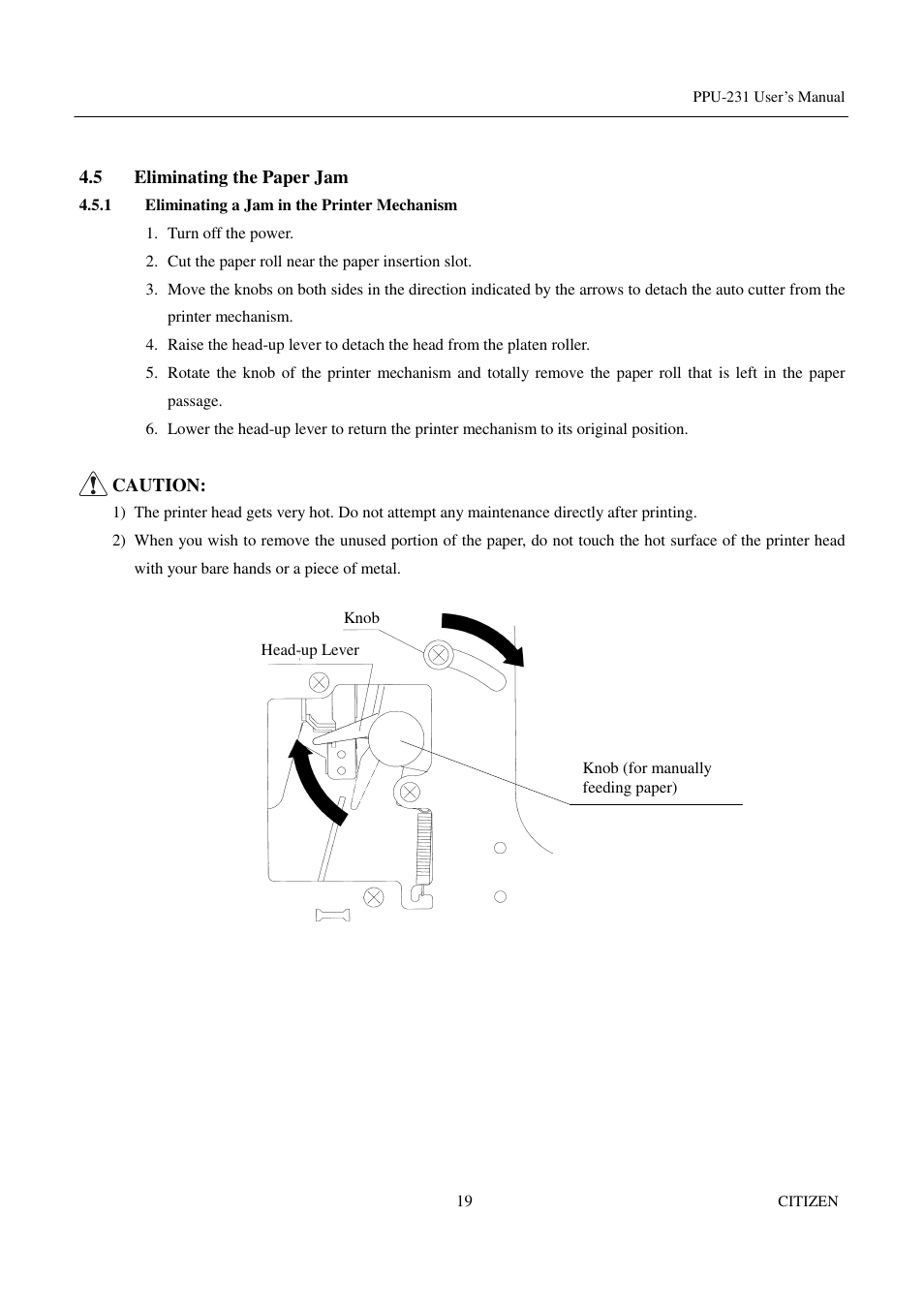 5 eliminating the paper jam, 1 eliminating a jam in the printer mechanism | CITIZEN PPU-231 User Manual | Page 32 / 100
