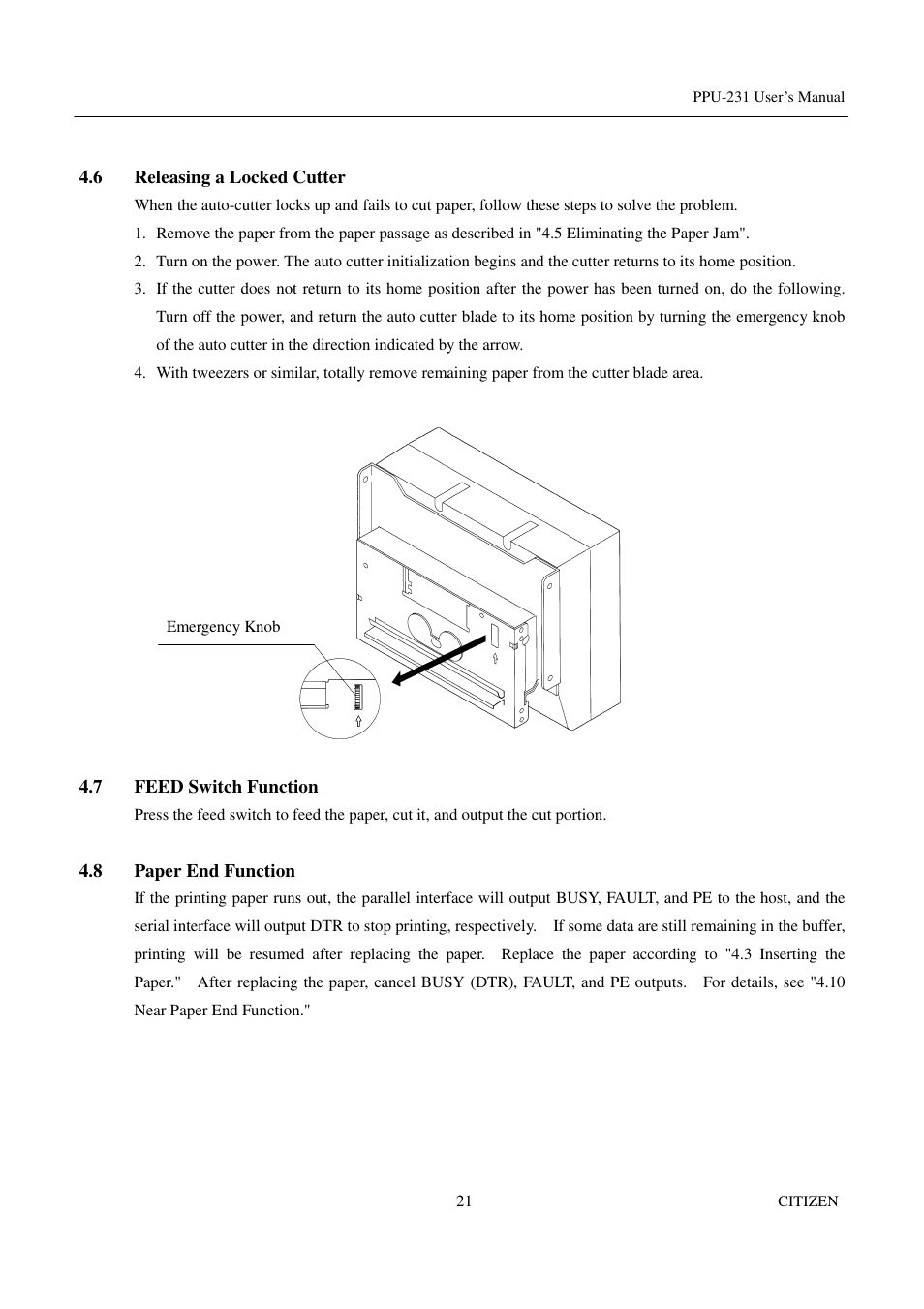 6 releasing a locked cutter, 7 feed switch function, 8 paper end function | CITIZEN PPU-231 User Manual | Page 34 / 100