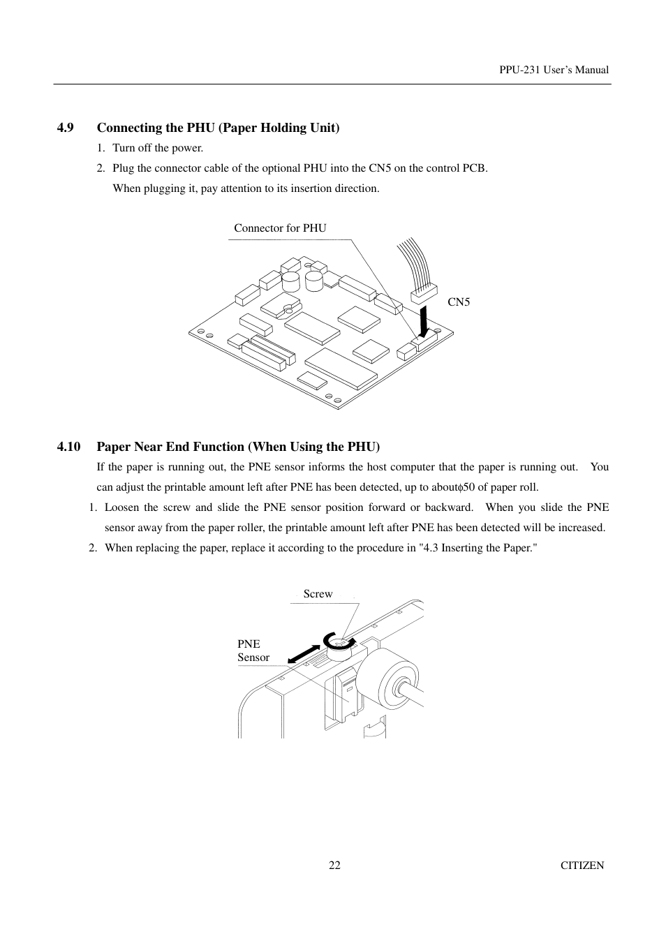 9 connecting the phu (paper holding unit), 10 paper near end function (when using the phu) | CITIZEN PPU-231 User Manual | Page 35 / 100