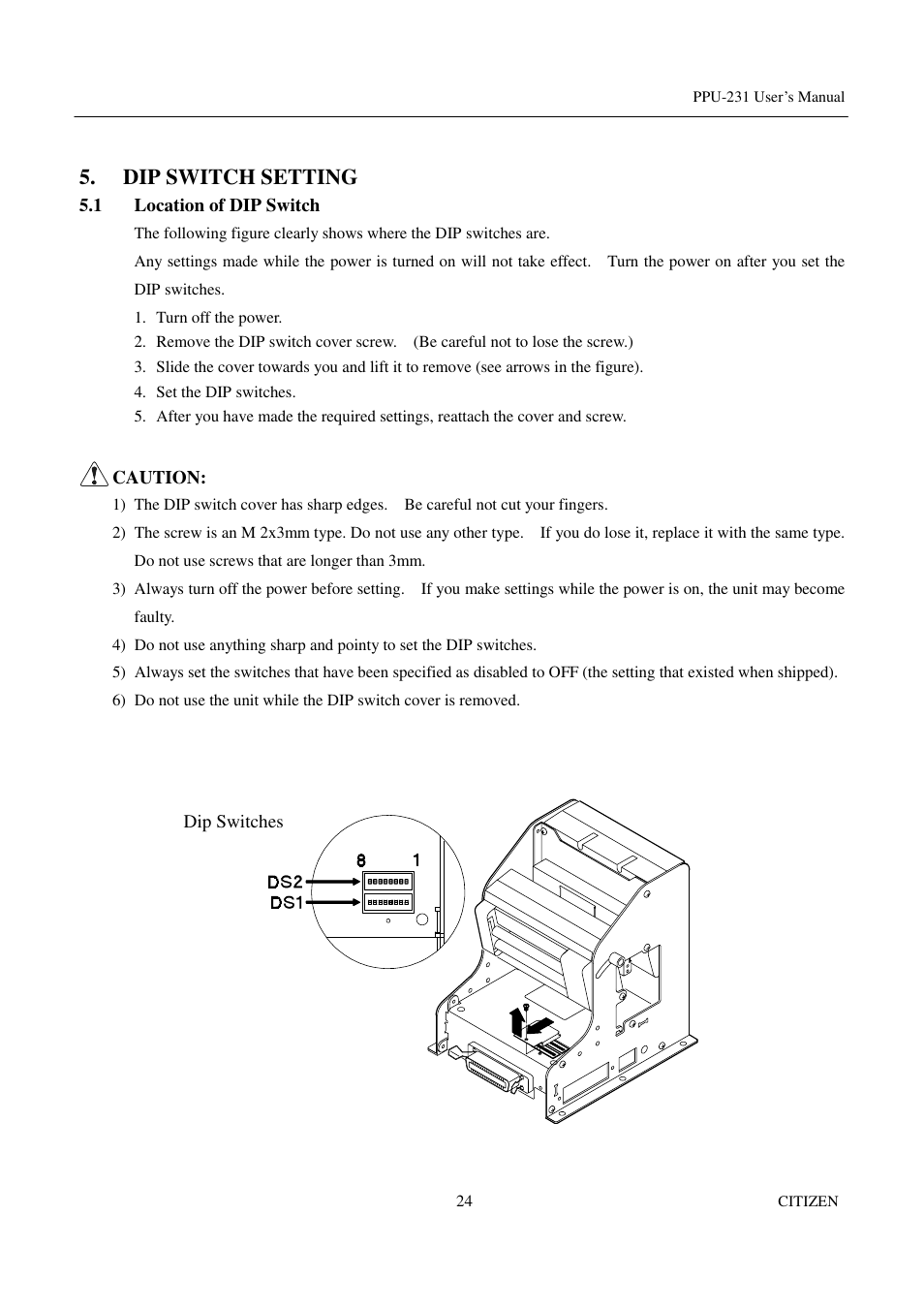 Dip switch setting, 1 location of dip switch | CITIZEN PPU-231 User Manual | Page 37 / 100