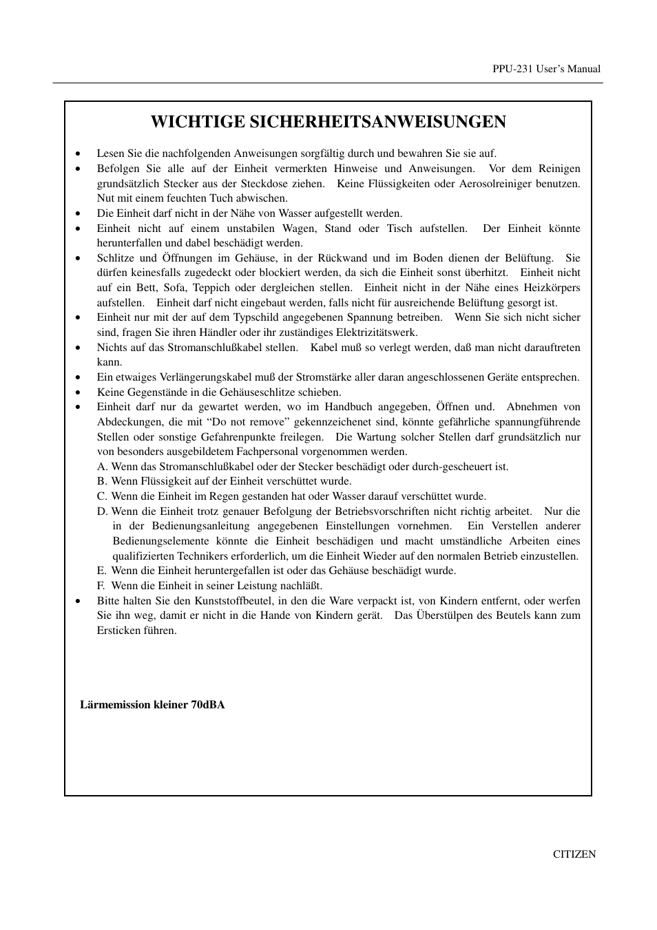 Wichtige sicherheitsanweisungen | CITIZEN PPU-231 User Manual | Page 4 / 100