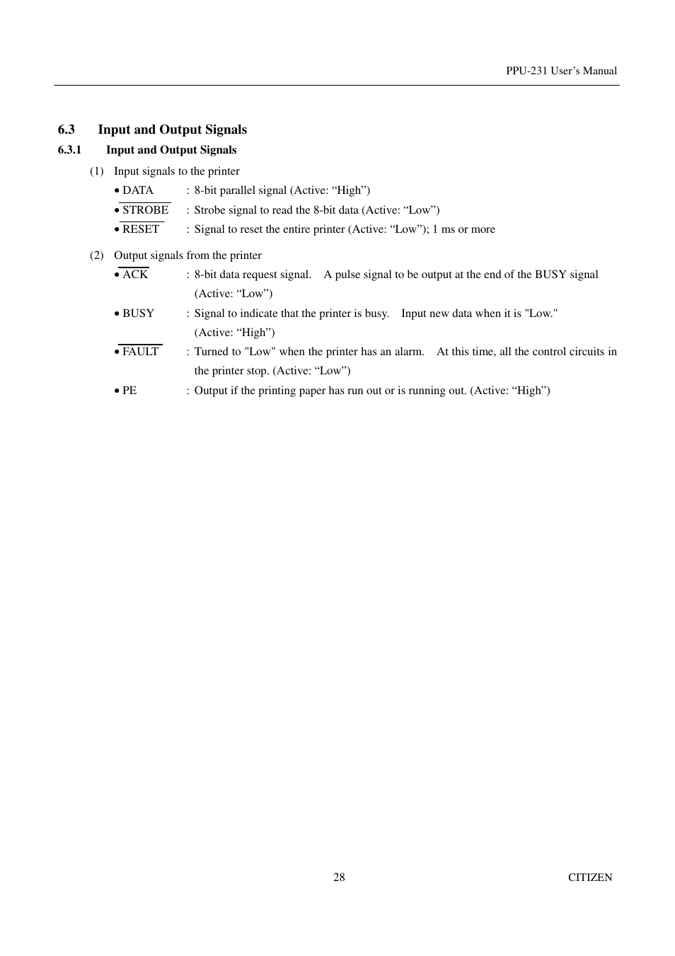 3 input and output signals, 1 input and output signals | CITIZEN PPU-231 User Manual | Page 41 / 100