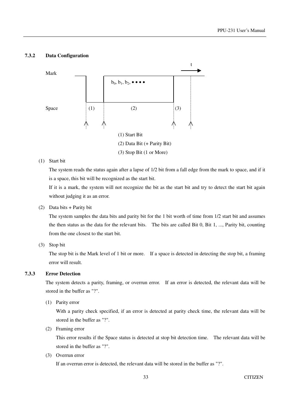 2 data configuration, 3 error detection | CITIZEN PPU-231 User Manual | Page 46 / 100
